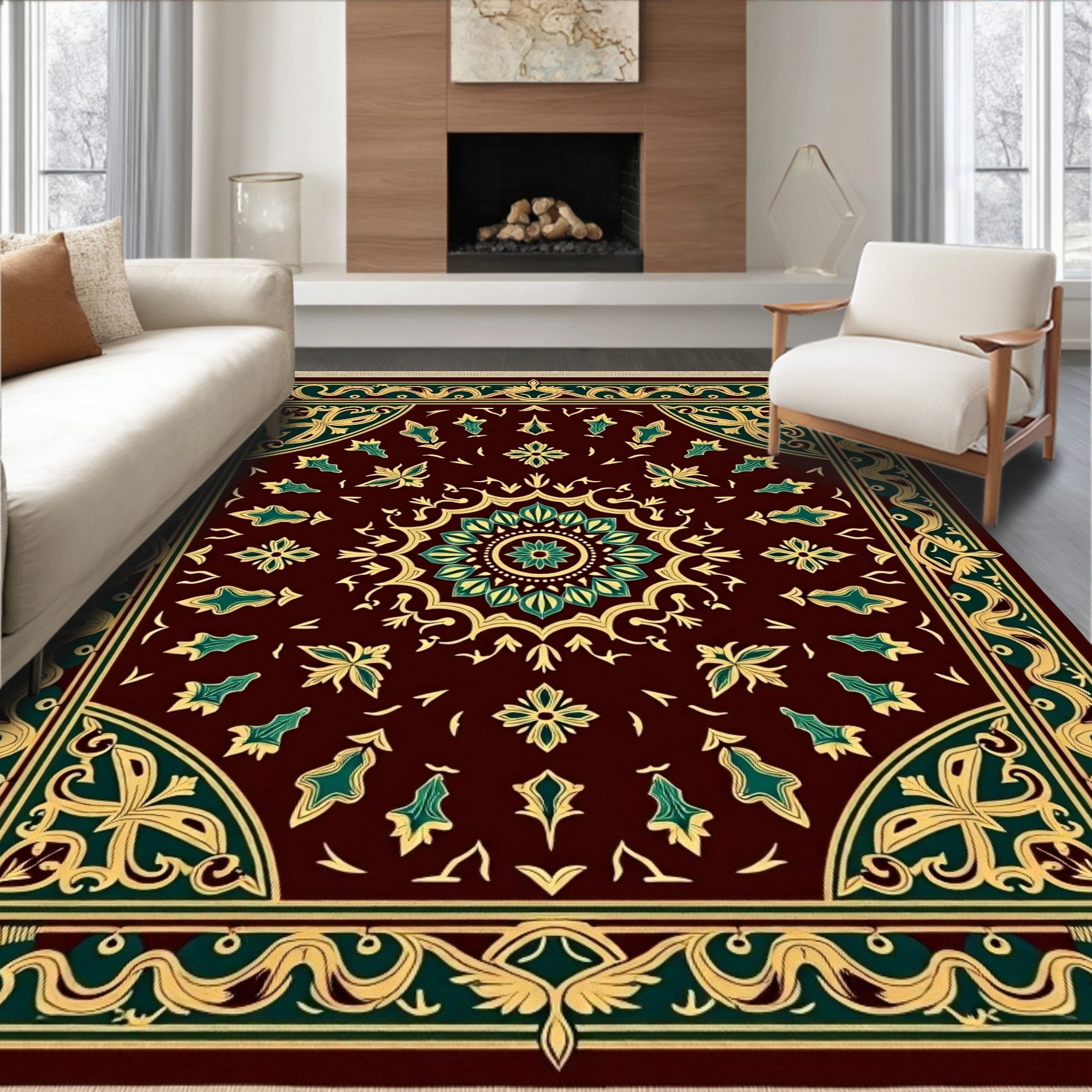 Maroon Green Gold Medallion Garden Rug