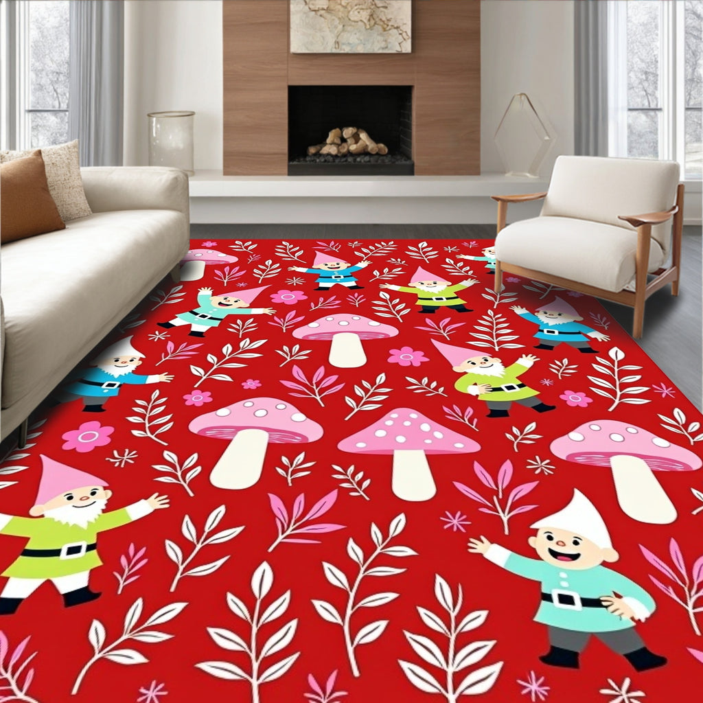 Whimsical Red Gnome Mushroom Meadow Rug