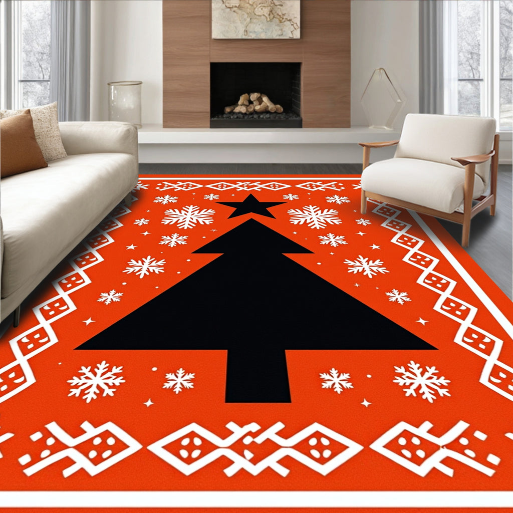 Festive Red Black Pine Snowflakes Star Rug