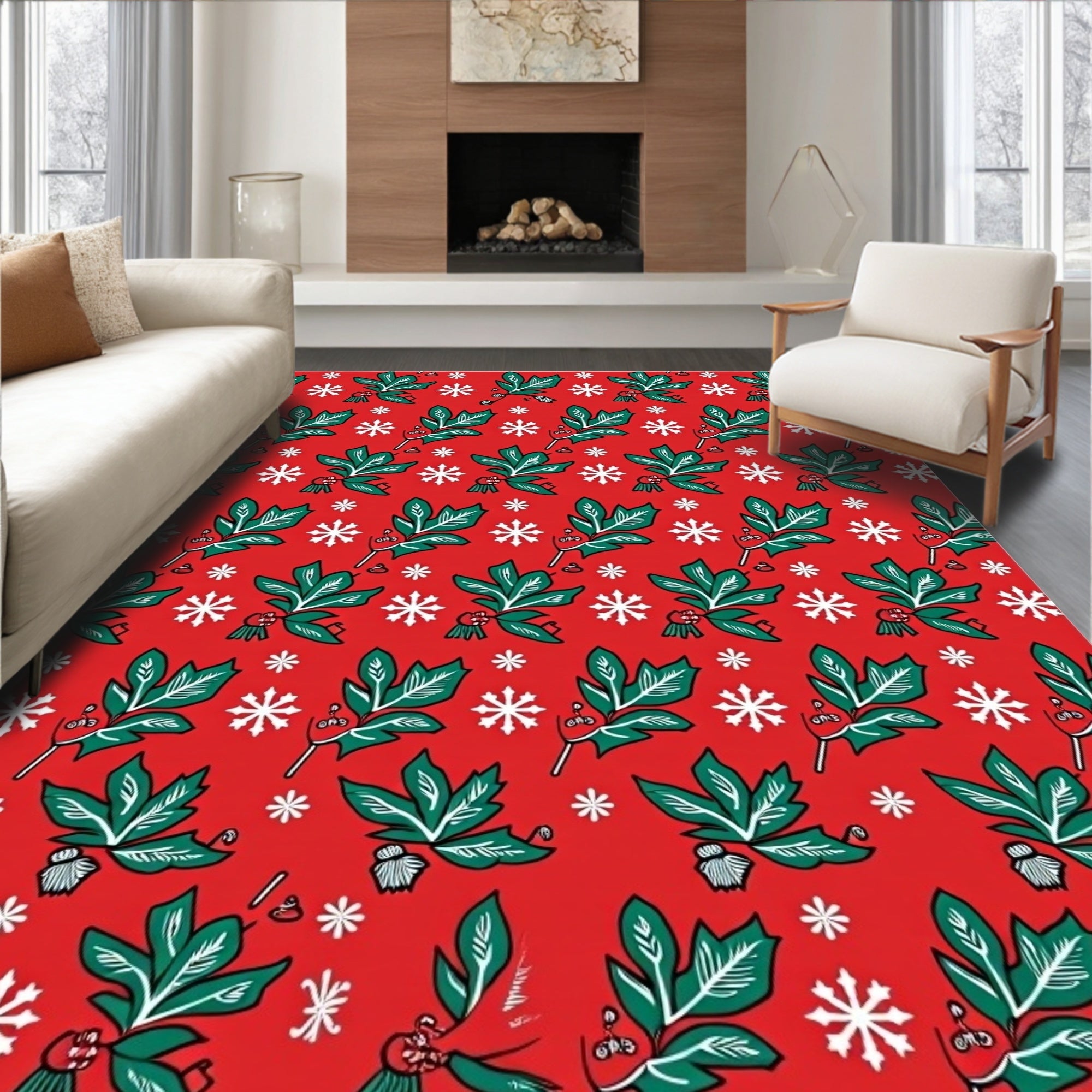 Red Green Leaf Snowflake Yuletide Rug