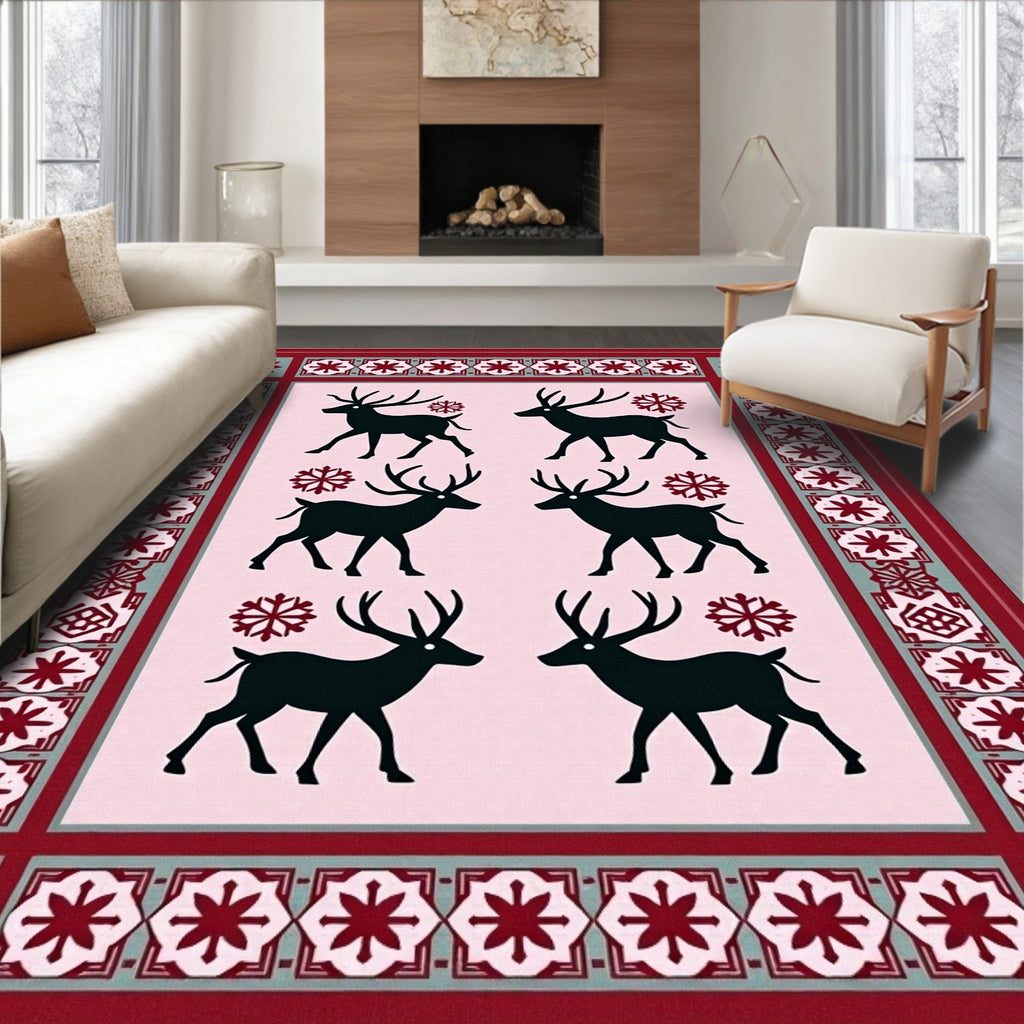 Crimson Reindeer Snowflake Border Rug