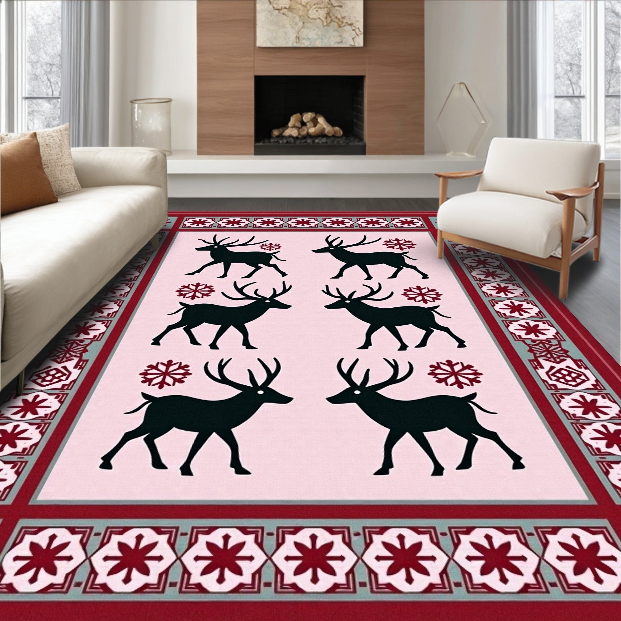 Crimson Reindeer Snowflake Border Rug