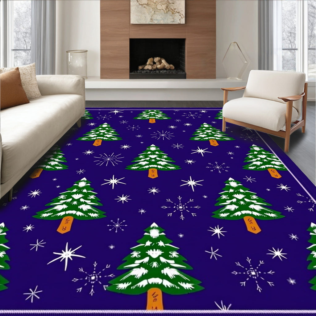 Happy Evergreen Trees Snowfall Scene Rug