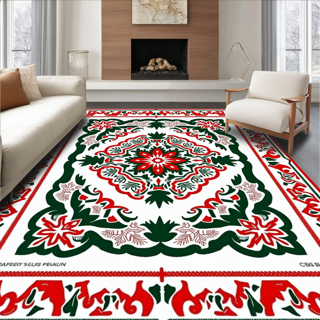 Crimson Green Floral Medallion Inlay Rug