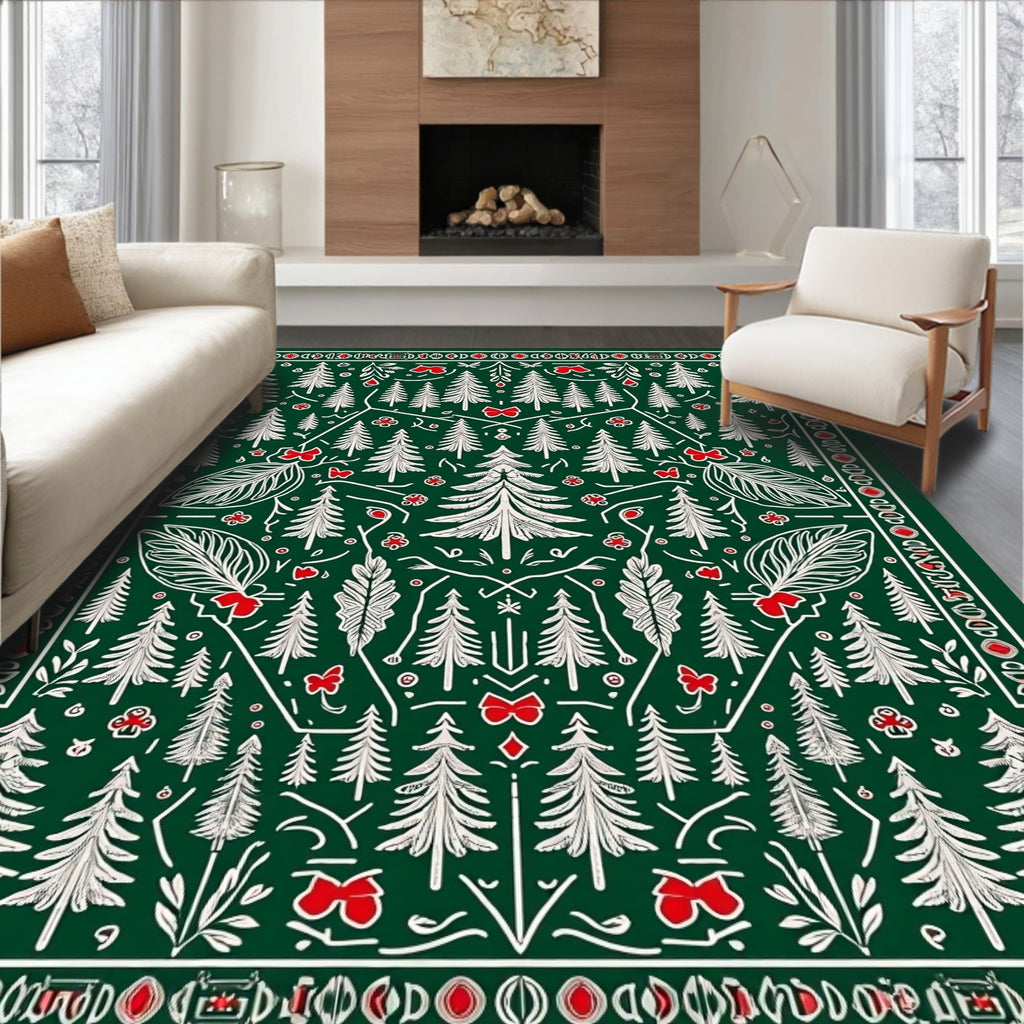 Forest Green White Pine Christmas Bows Rug