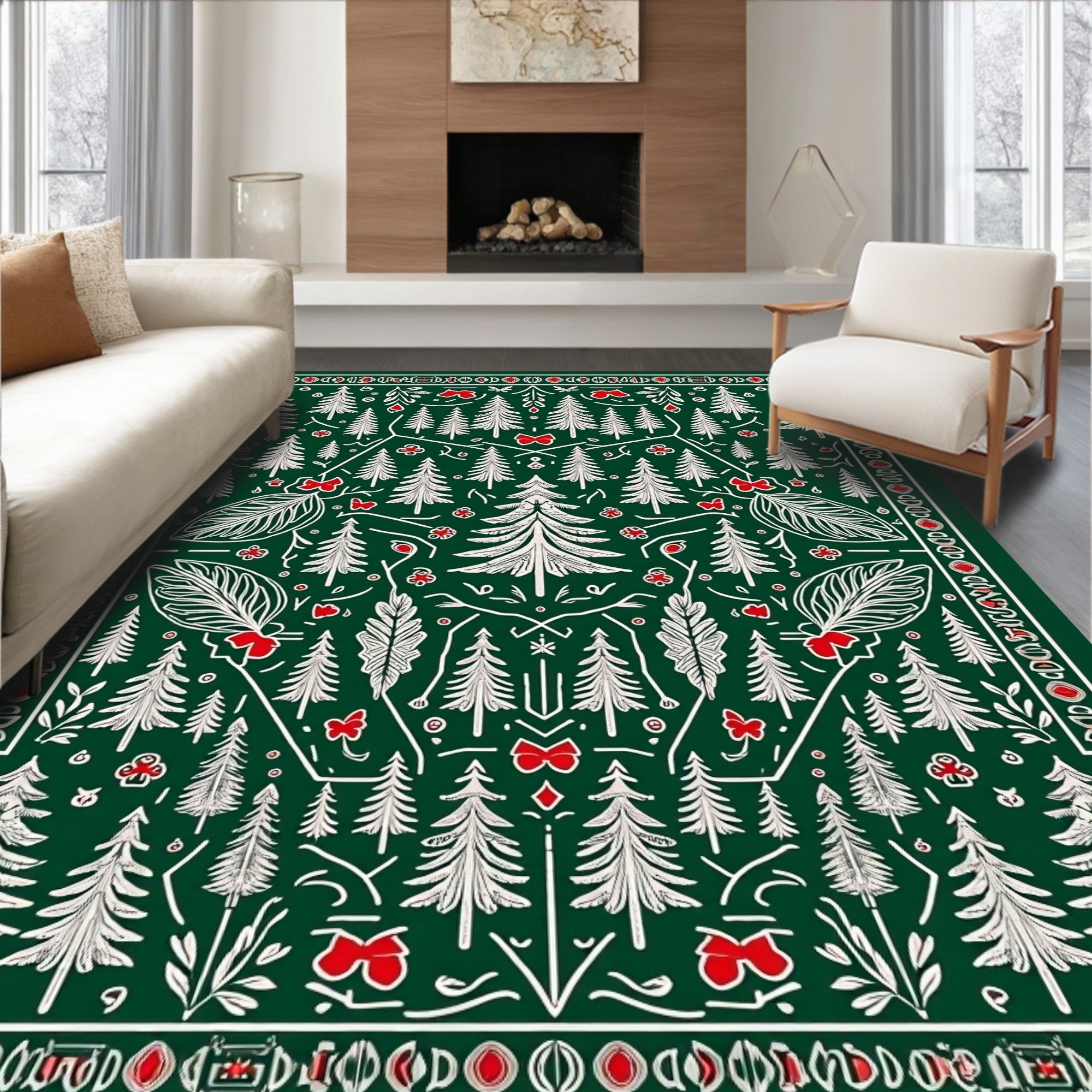 Forest Green White Pine Christmas Bows Rug