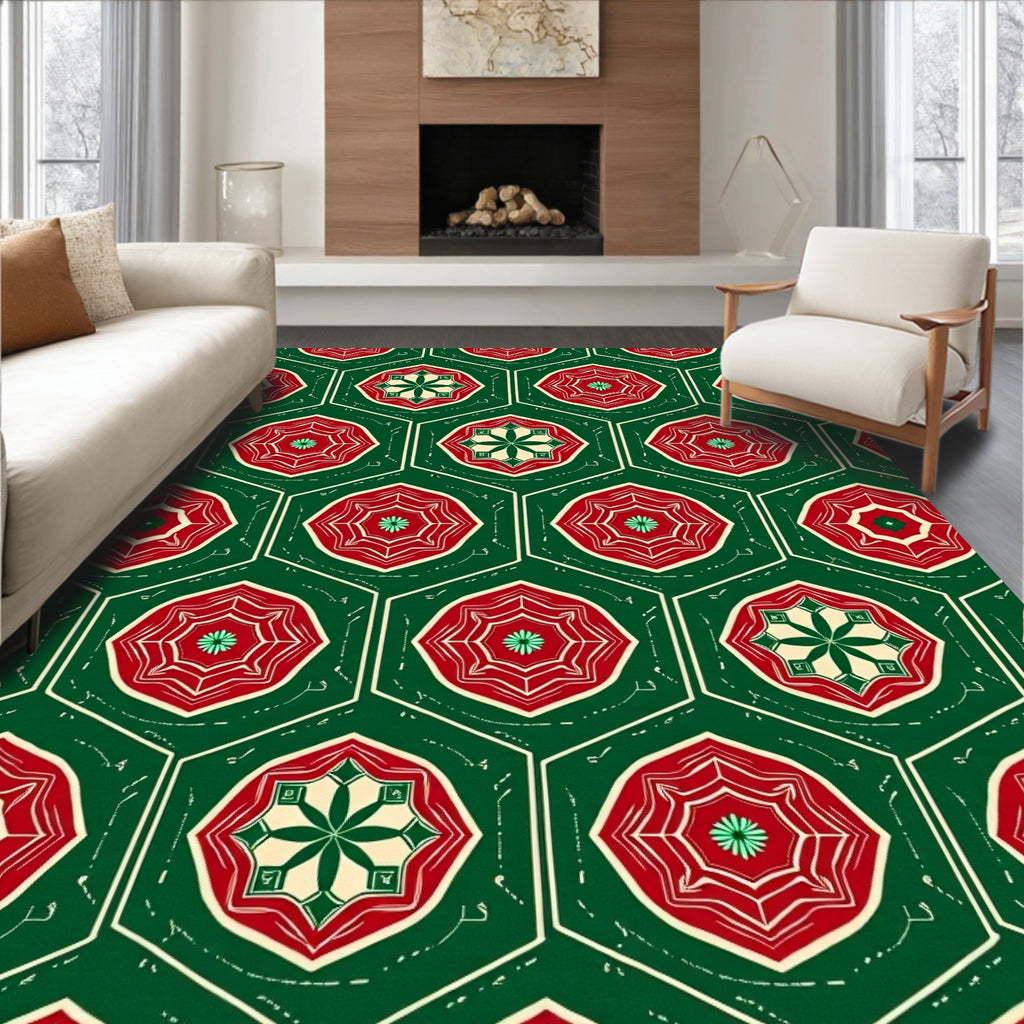 Red Green Hexagonal Floral Medallion Rug