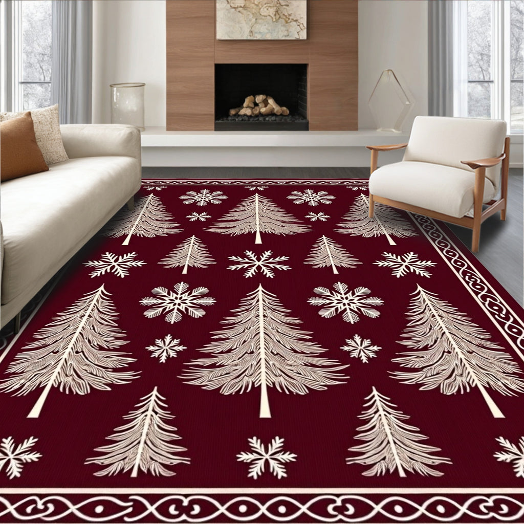 Deep Red Pinecone Snowflake Border Rug