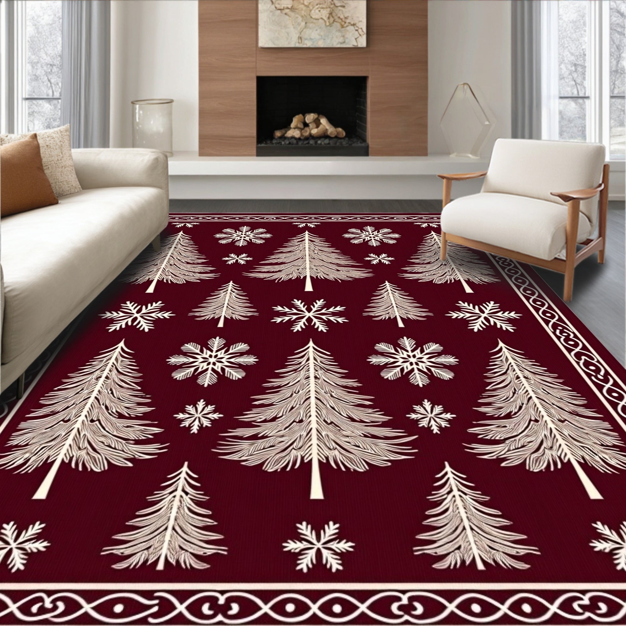Deep Red Pinecone Snowflake Border Rug