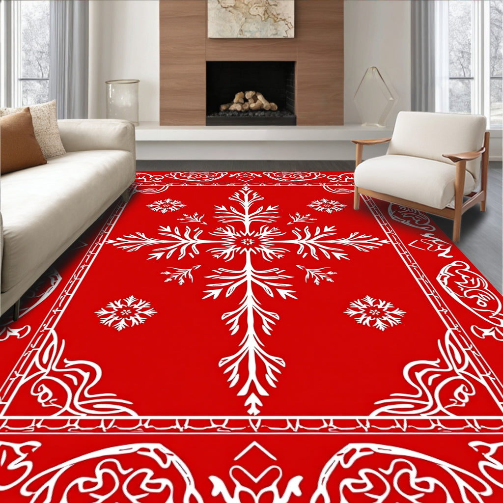 Crimson Red Snowflake Winter Blossom Rug