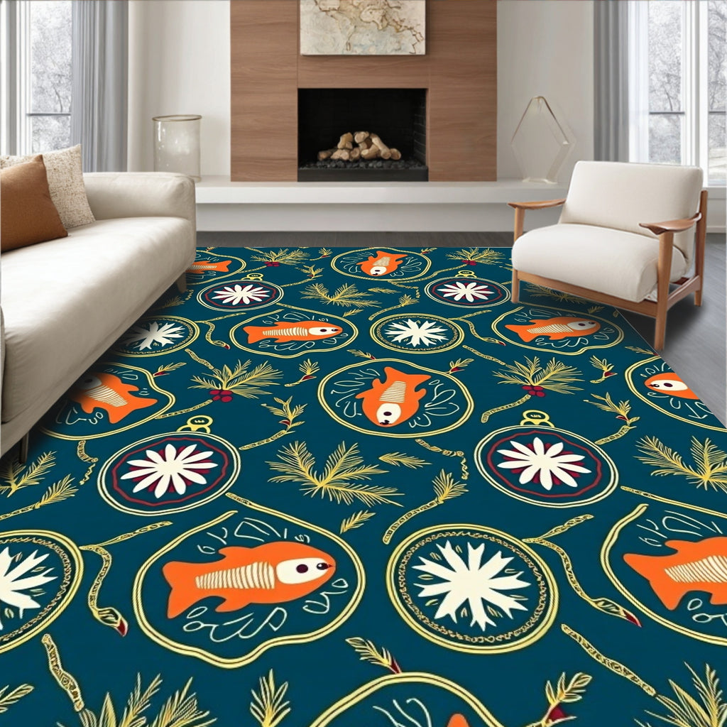 Orange Fish Pine Branch Ornament Rug