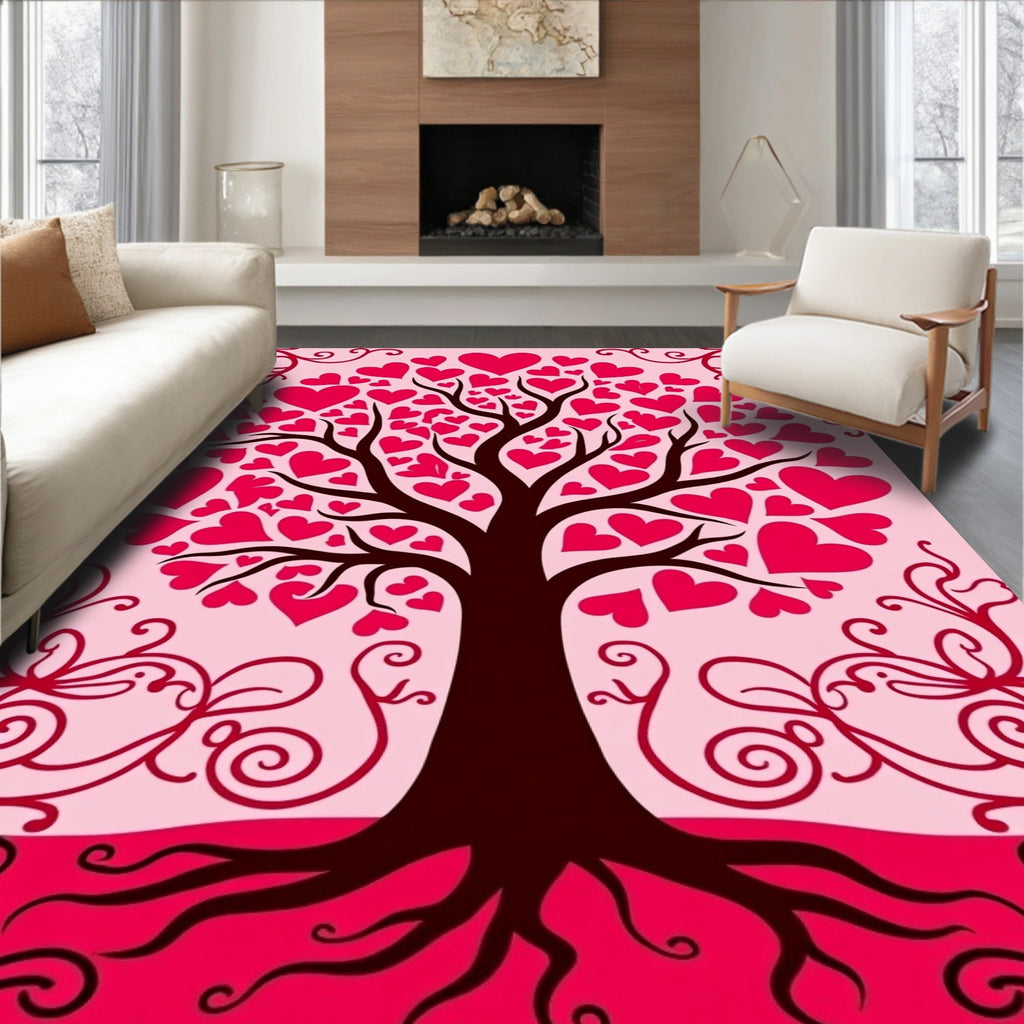 Heart Tree Branches Pink Red Swirls Rug