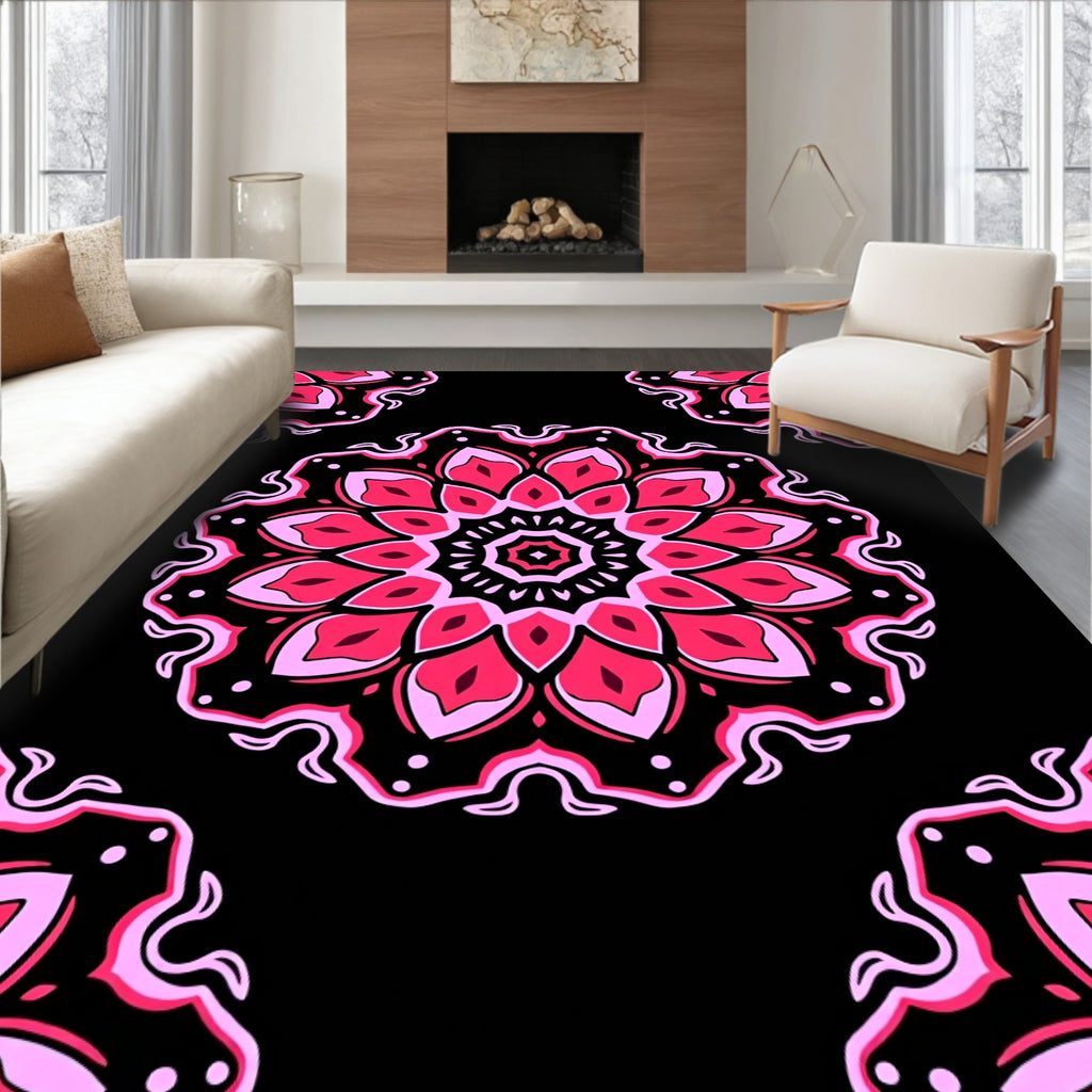 Pink Crimson Floral Mandala Roundel Rug