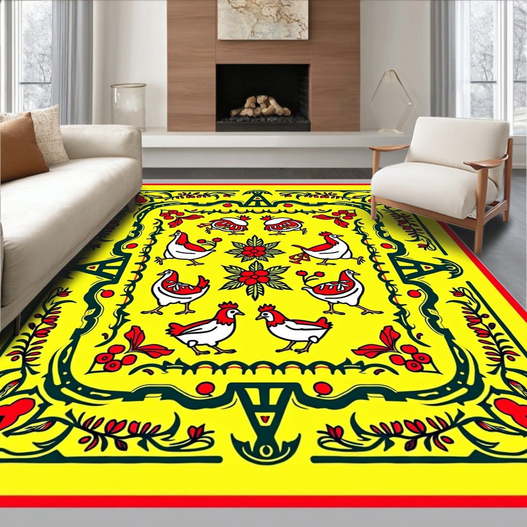 Yellow Red Folk Art Chicken Floral Rug