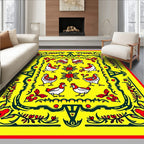 Yellow Red Folk Art Chicken Floral Rug