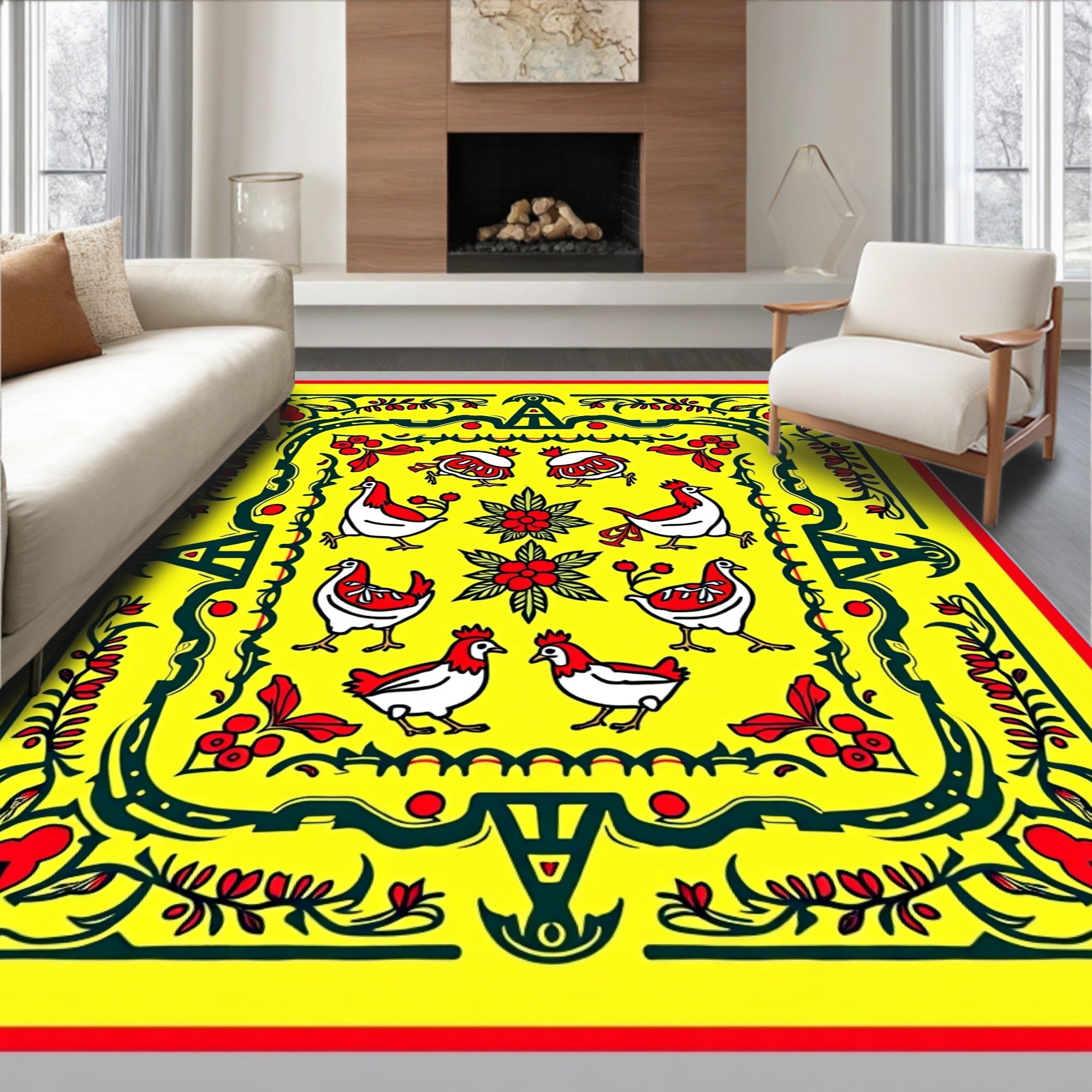 Yellow Red Folk Art Chicken Floral Rug