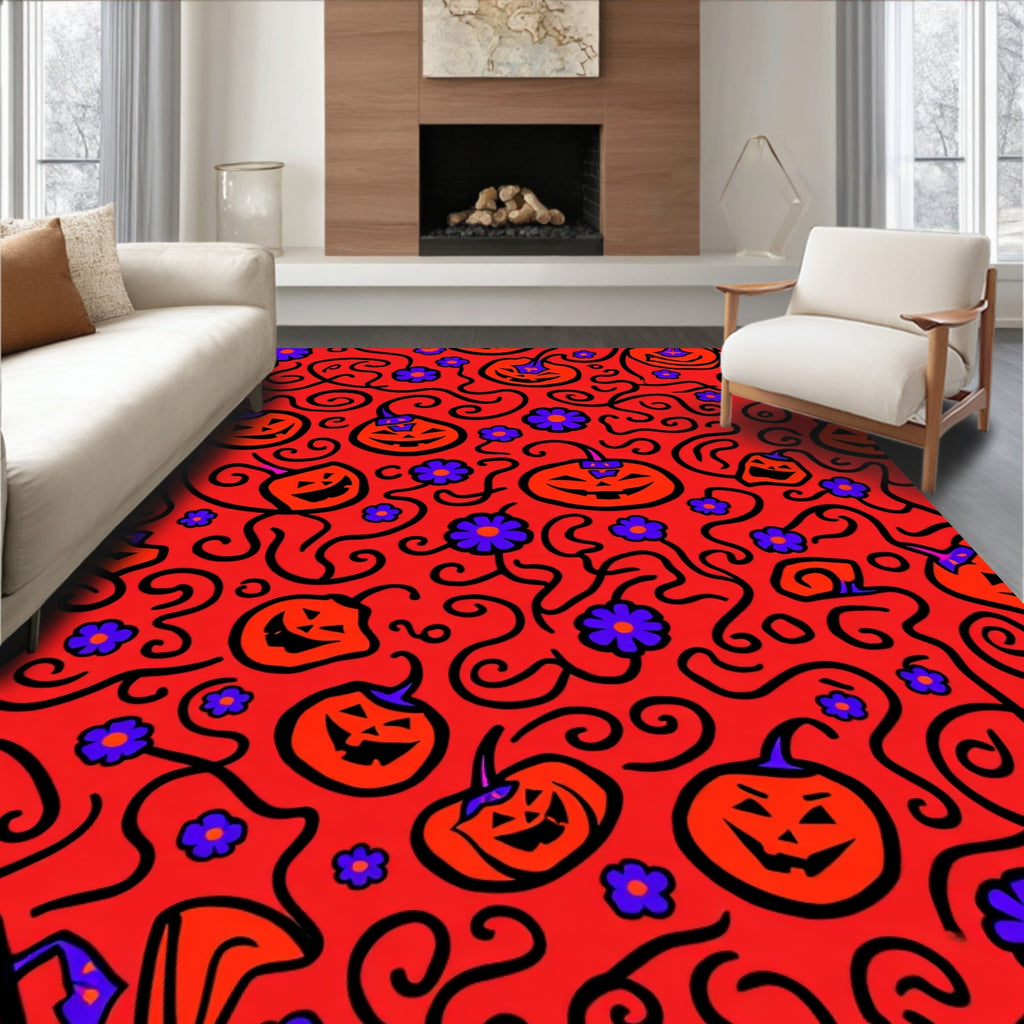 Spooky Orange Pumpkin Swirl Floral Rug