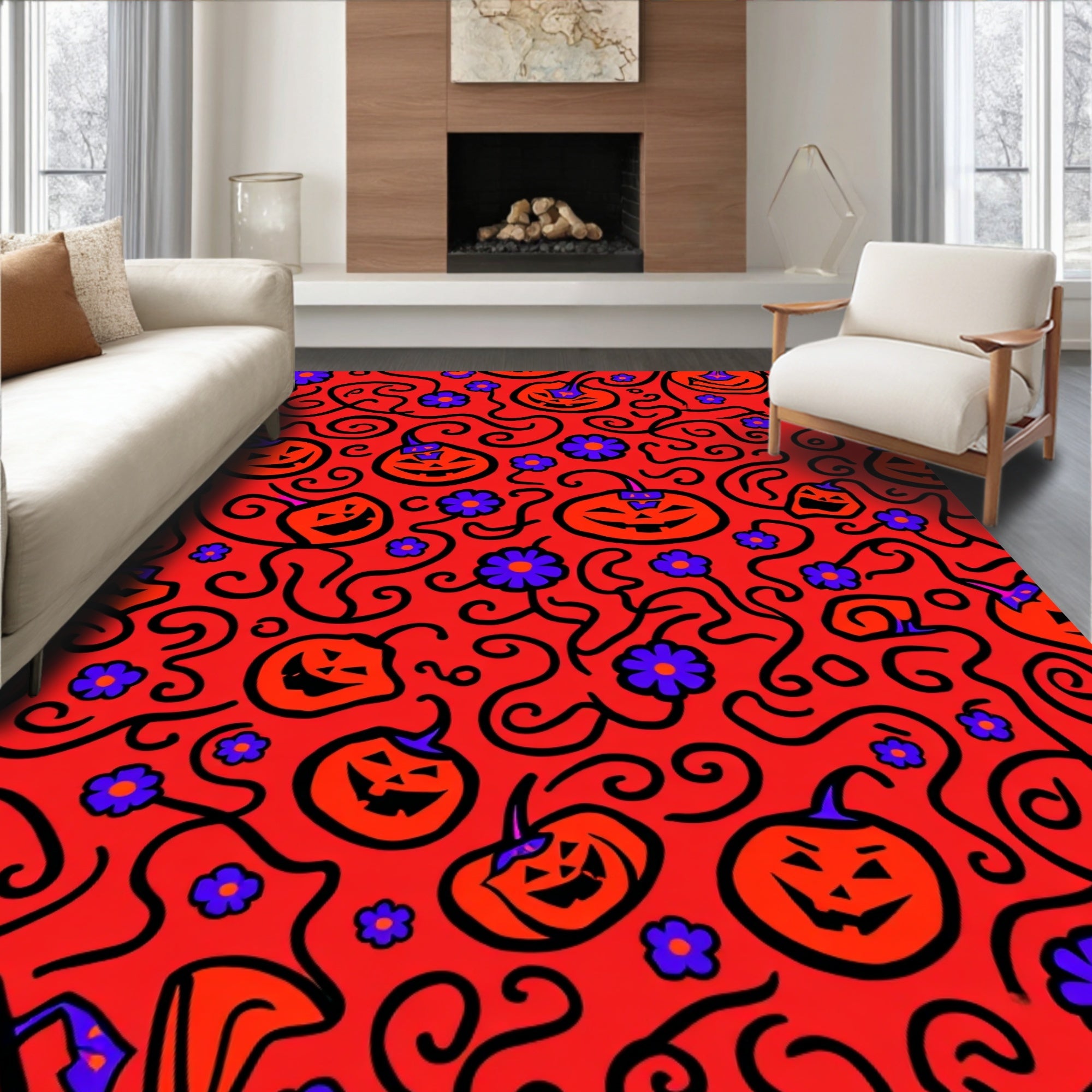Spooky Orange Pumpkin Swirl Floral Rug