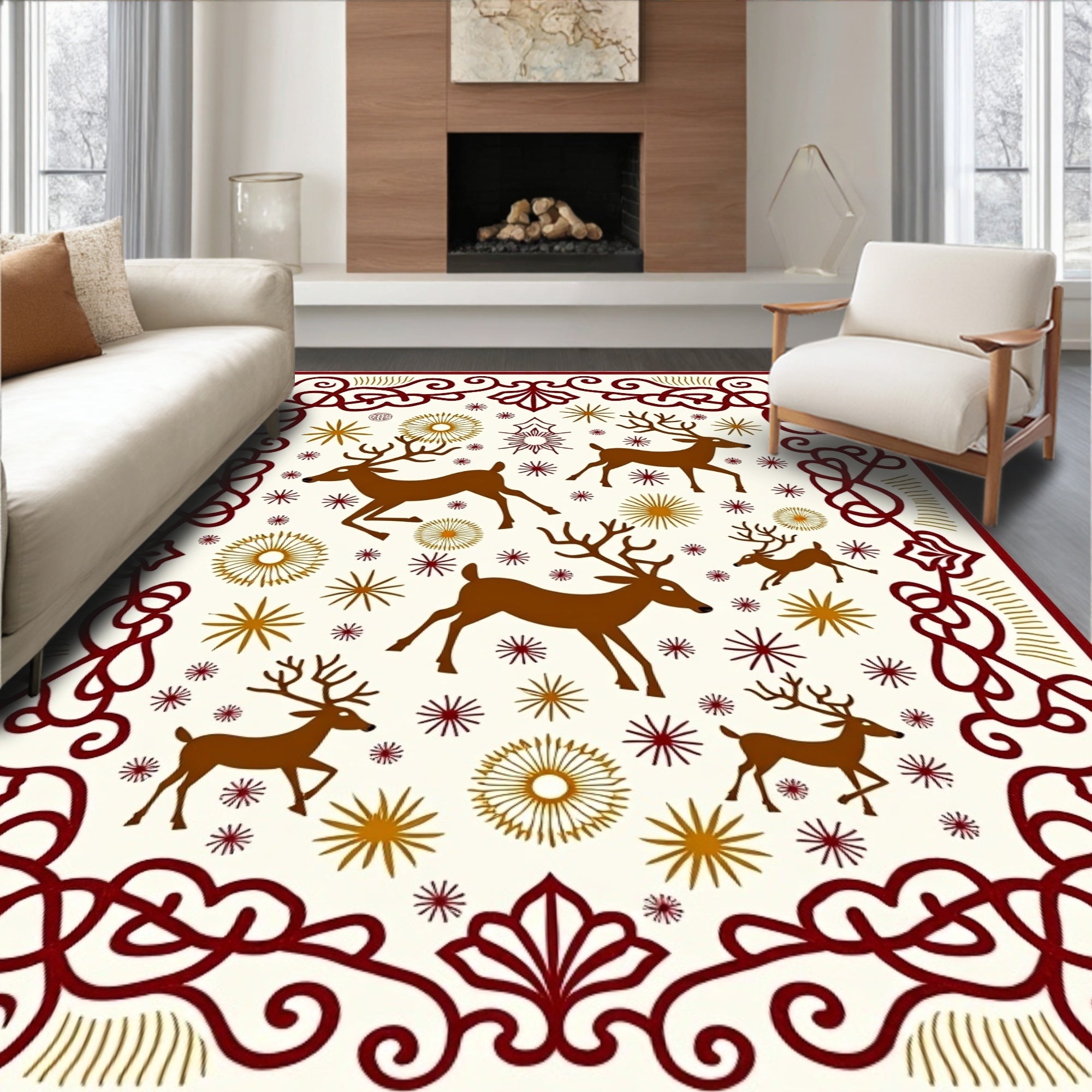 Ruby Burgundy Reindeer Starburst Medallion Rug