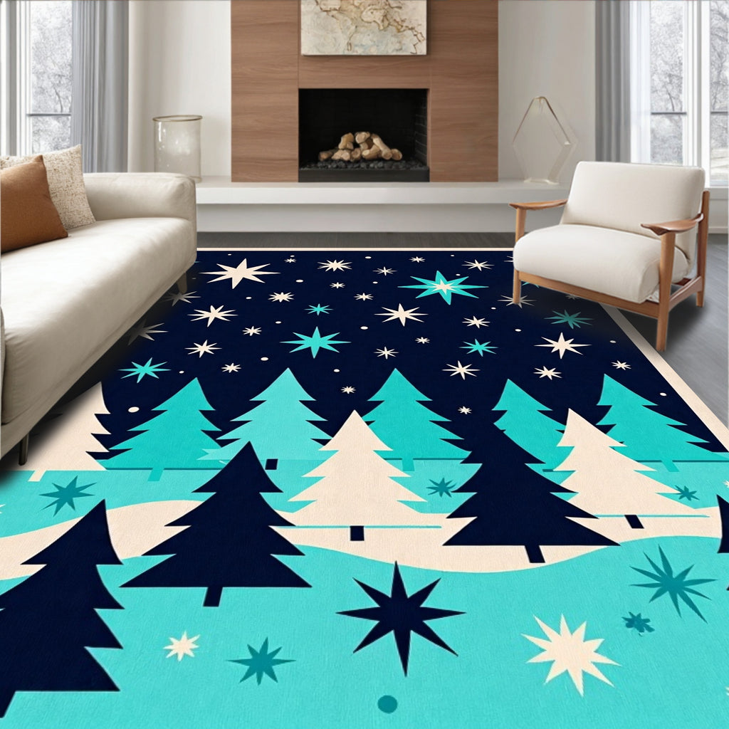 Midcentury Teal Starry Forest Scene Rug