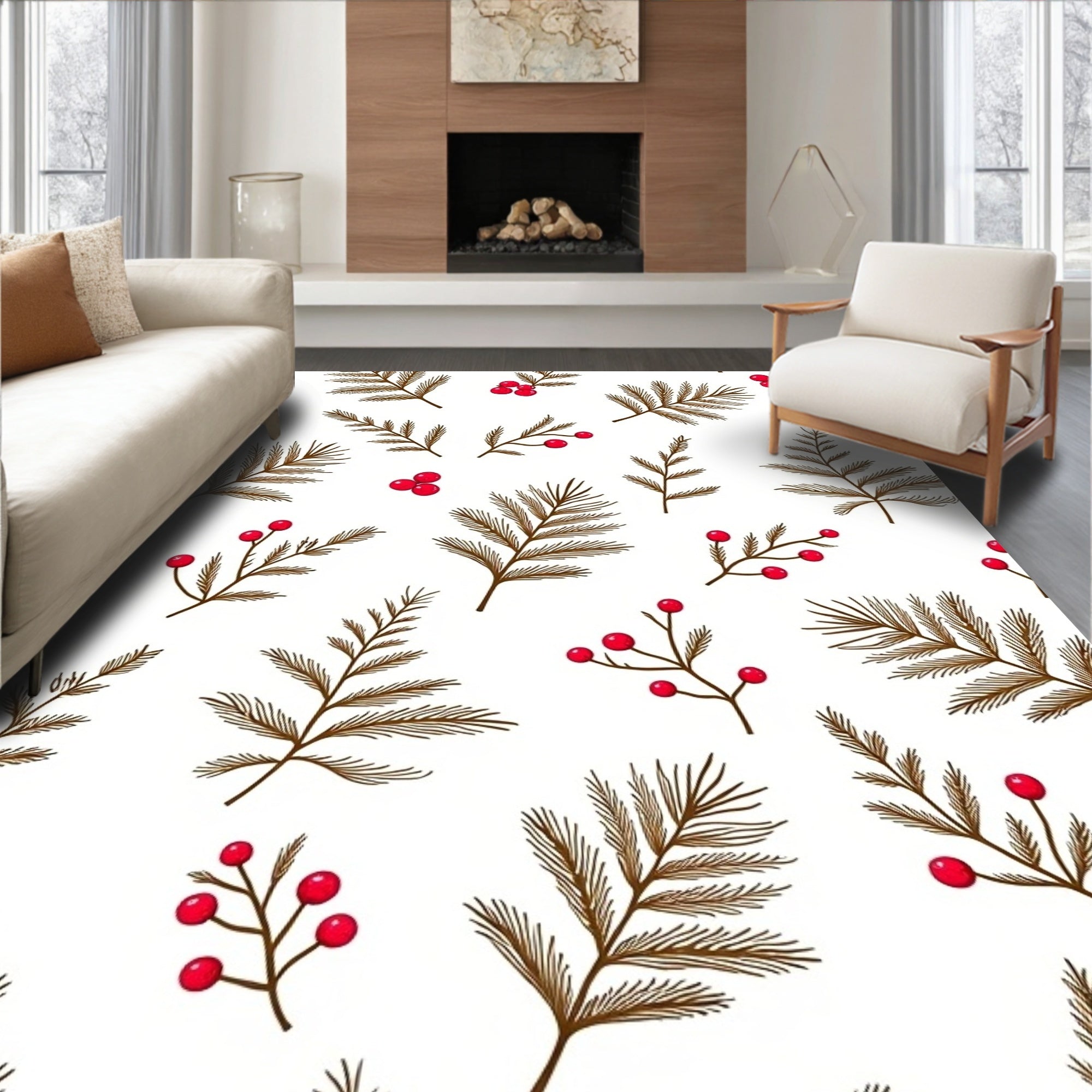 Brown Pine Sprigs With Red Berries Rug
