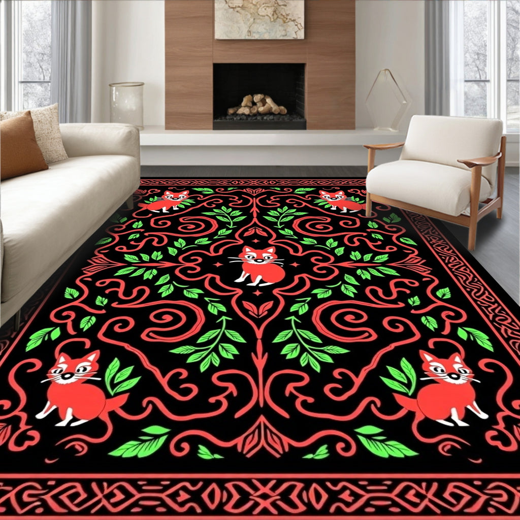 Red Fox Red Black Floral Scroll Rug