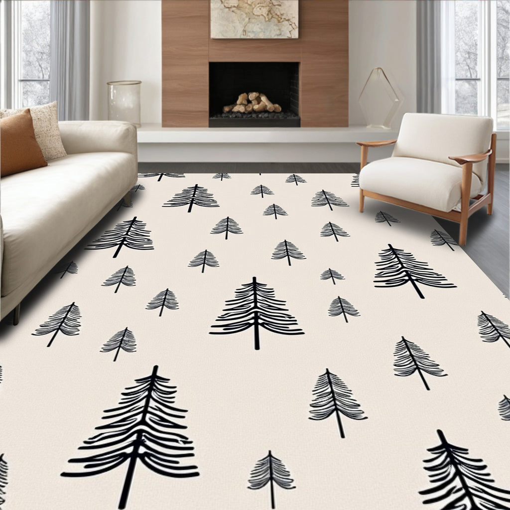 Whimsical Black Tree Forest Scene Rug