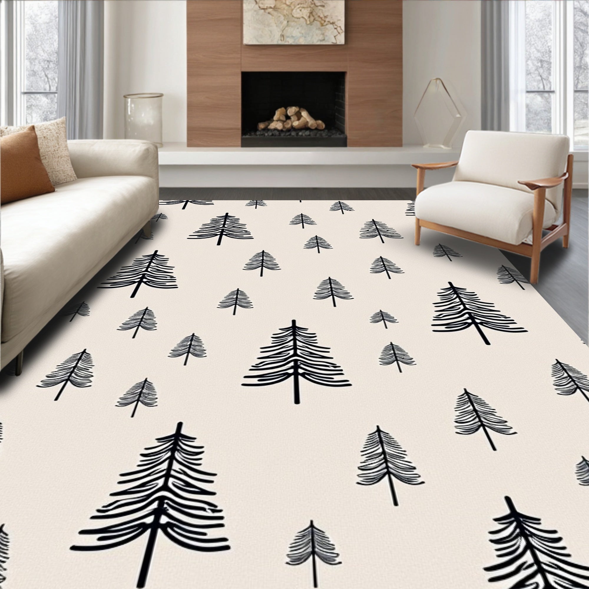 Whimsical Black Tree Forest Scene Rug