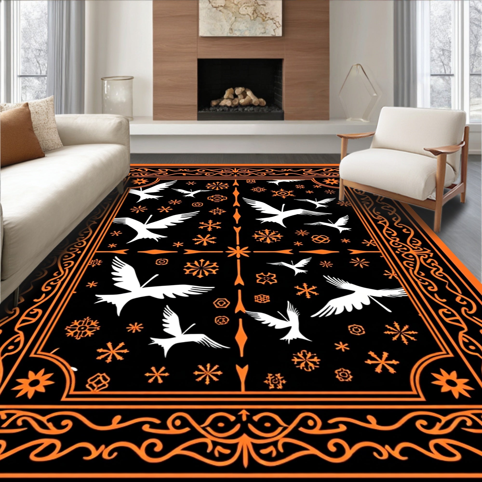 Orange Black Flying Crane Snowflake Frame Rug