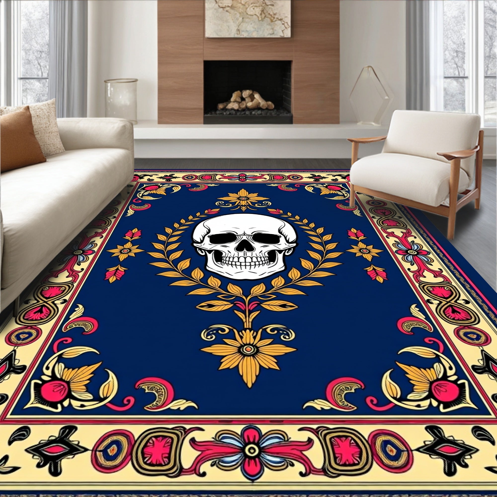 Dark Blue Skull Floral Ornament Rug