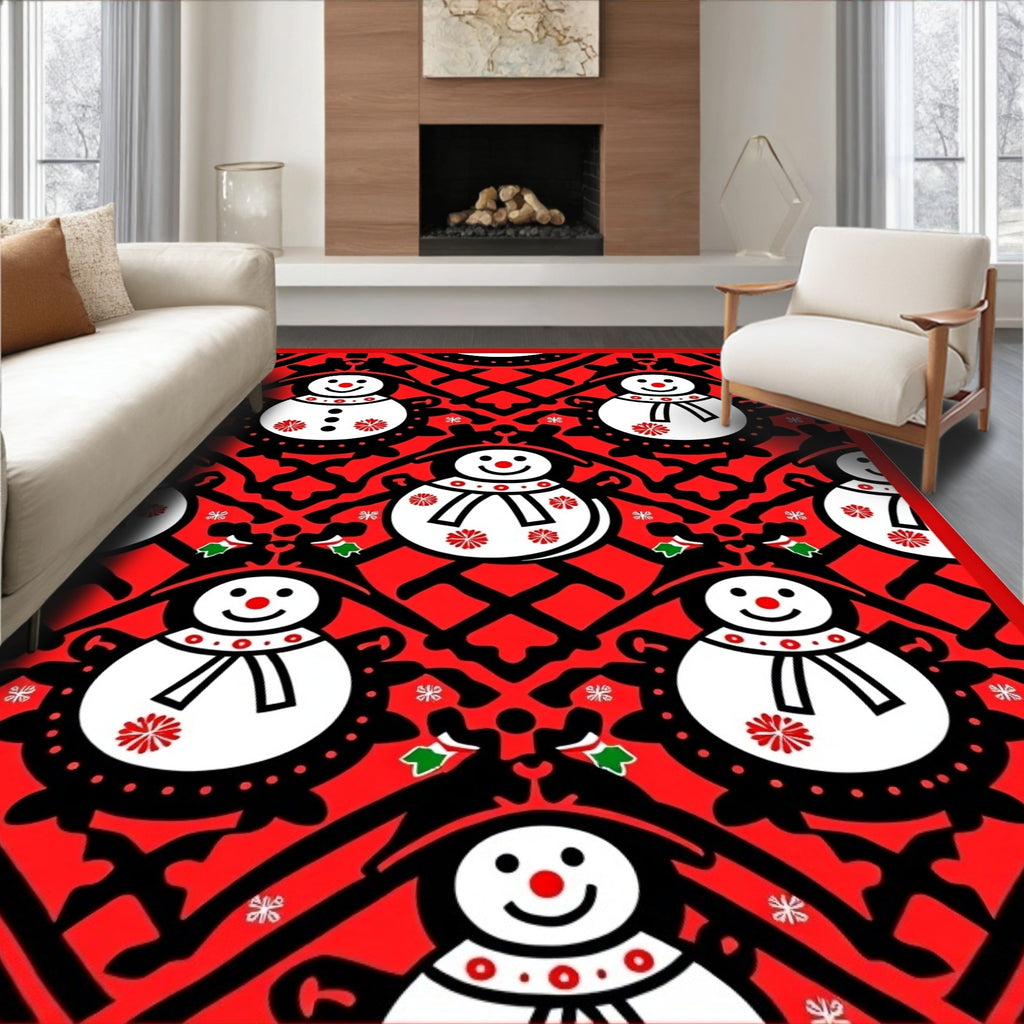 Cute Red Snowman Holiday Medallion Rug