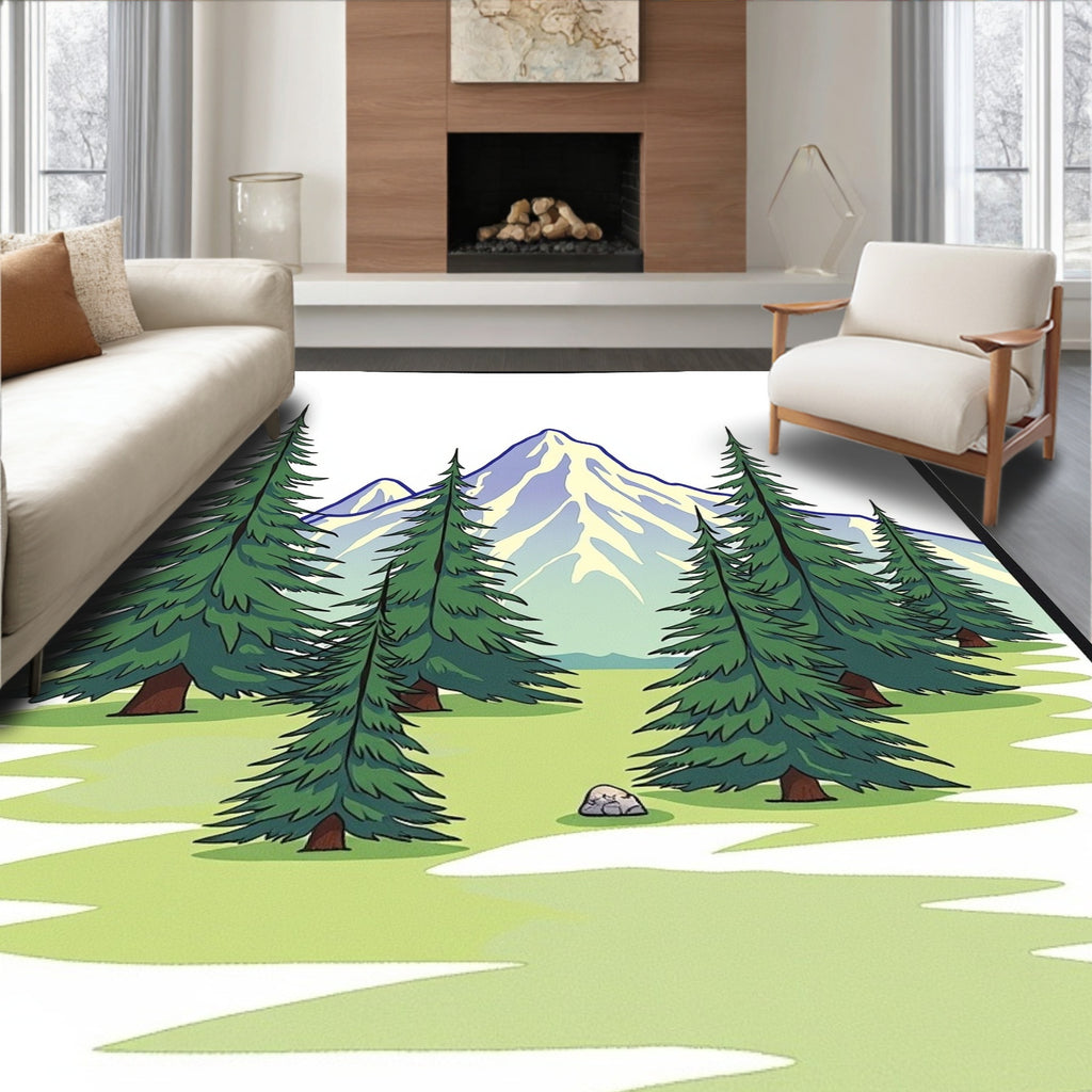 Vibrant Mountain Forest Evergreen Tress Rug
