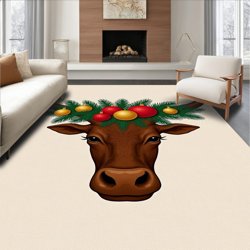 Brown Bull With Christmas Ornament Wreath Rug