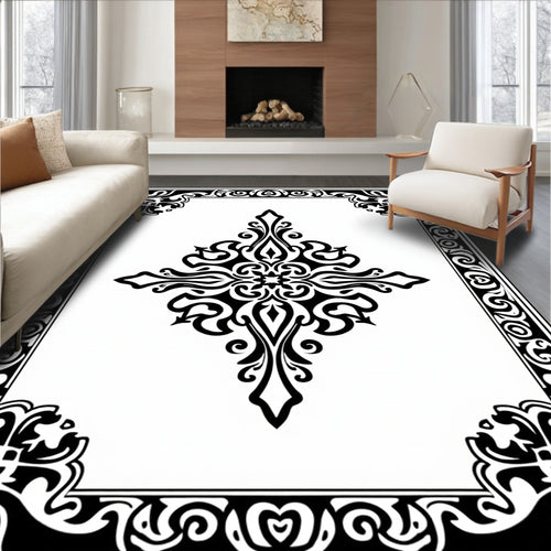 Black Ornate Symmetry Scrollwork Rug