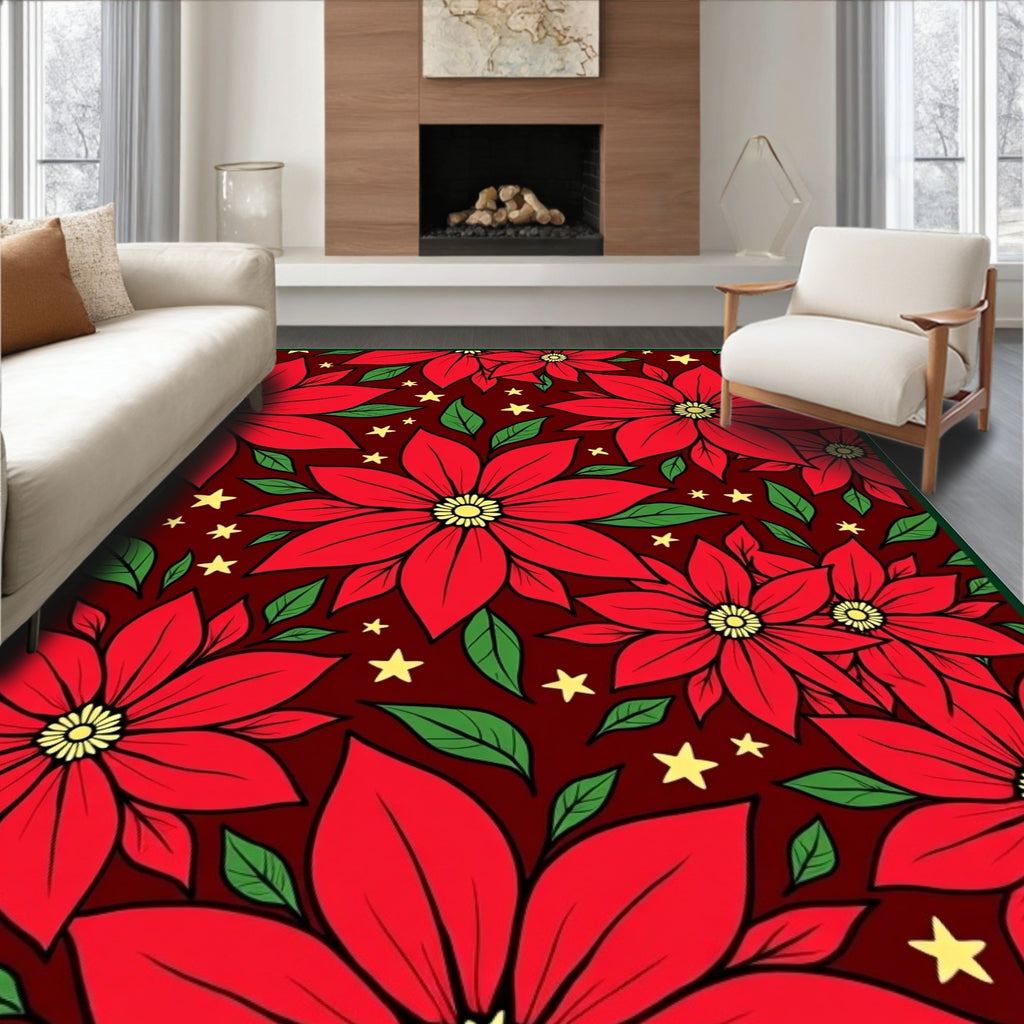 Festive Red Poinsettia Starry Garland Rug
