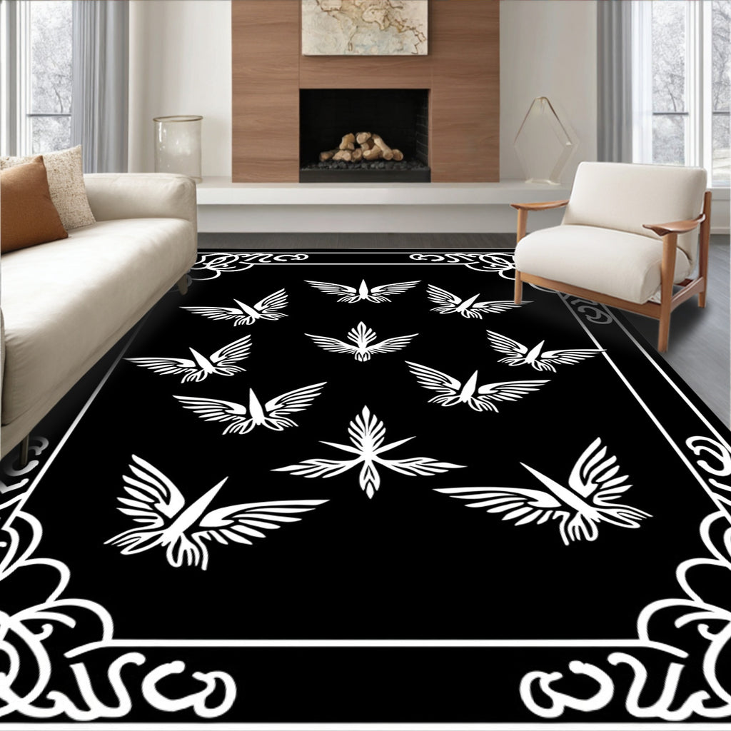 Black White Winged Bird Border Rug