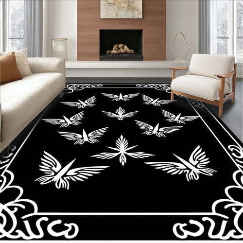 Black White Winged Bird Border Rug