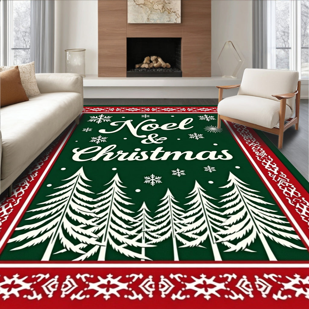 Festive Green Snowy Evergreen Christmas Rug