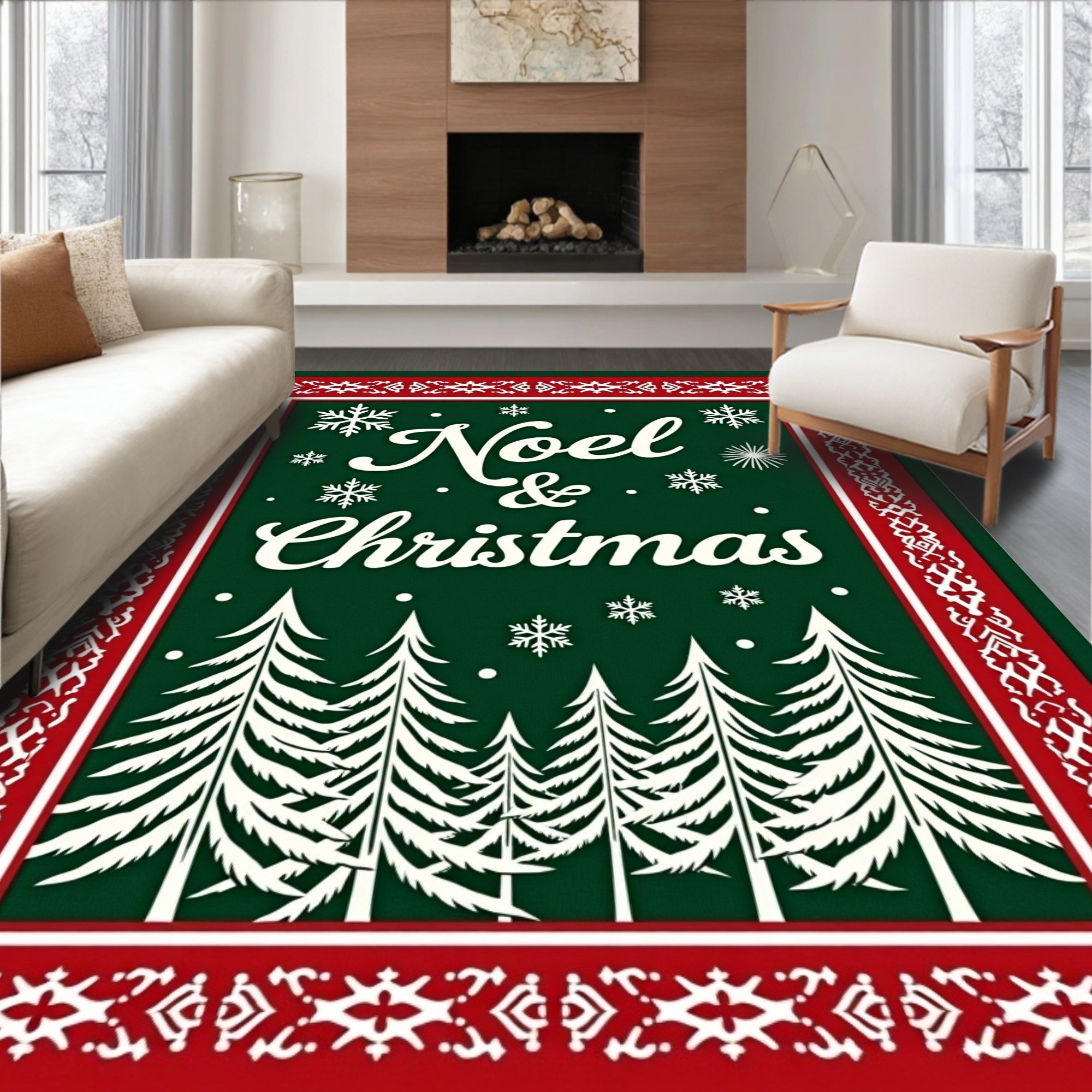 Festive Green Snowy Evergreen Christmas Rug