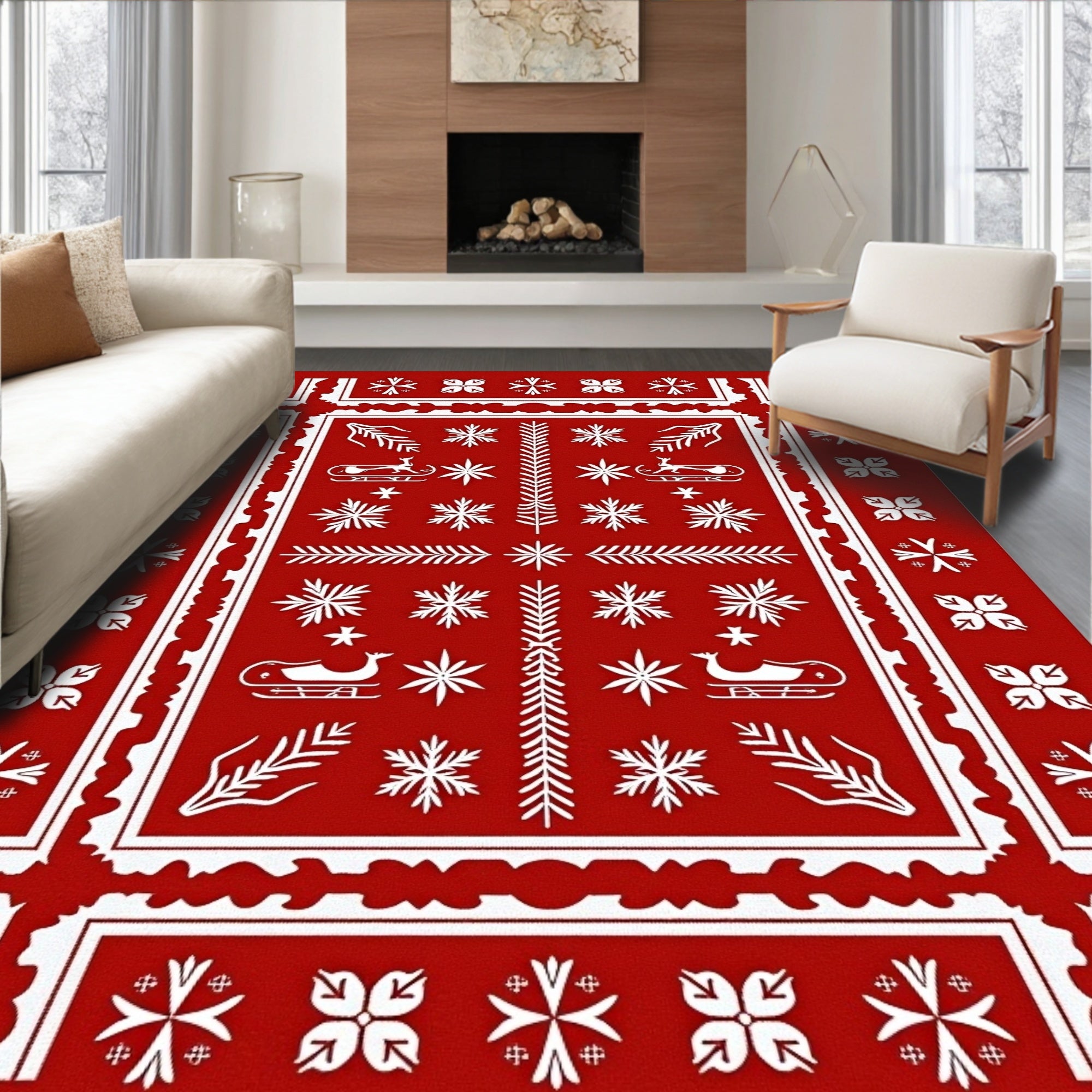 Crimson White Deer Sleigh Snowflakes Rug