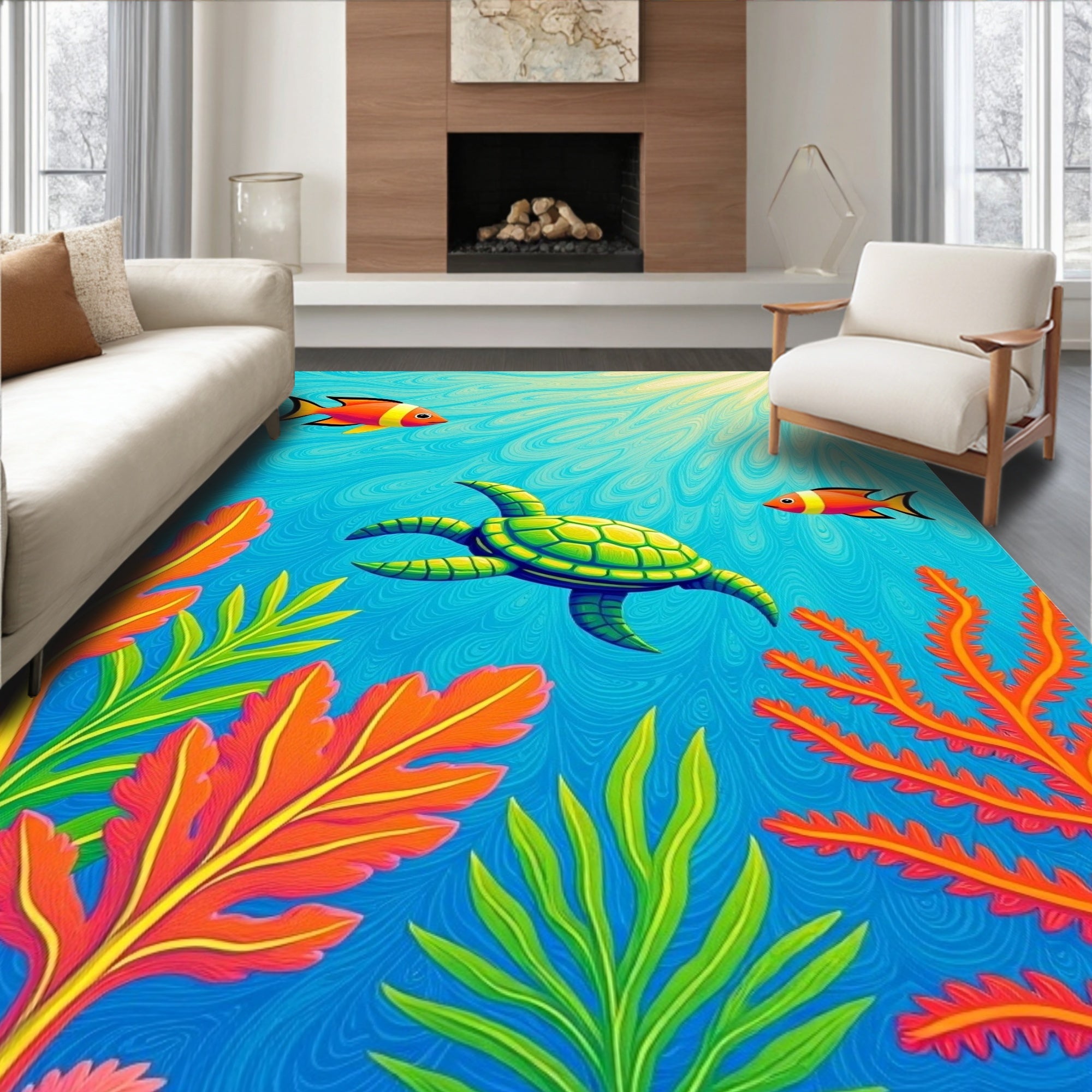 Vibrant Coral Reef Turtle Fish Ocean Rug