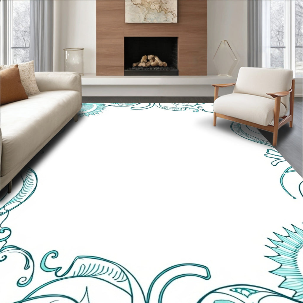 Teal Art Nouveau Floral Border Rug
