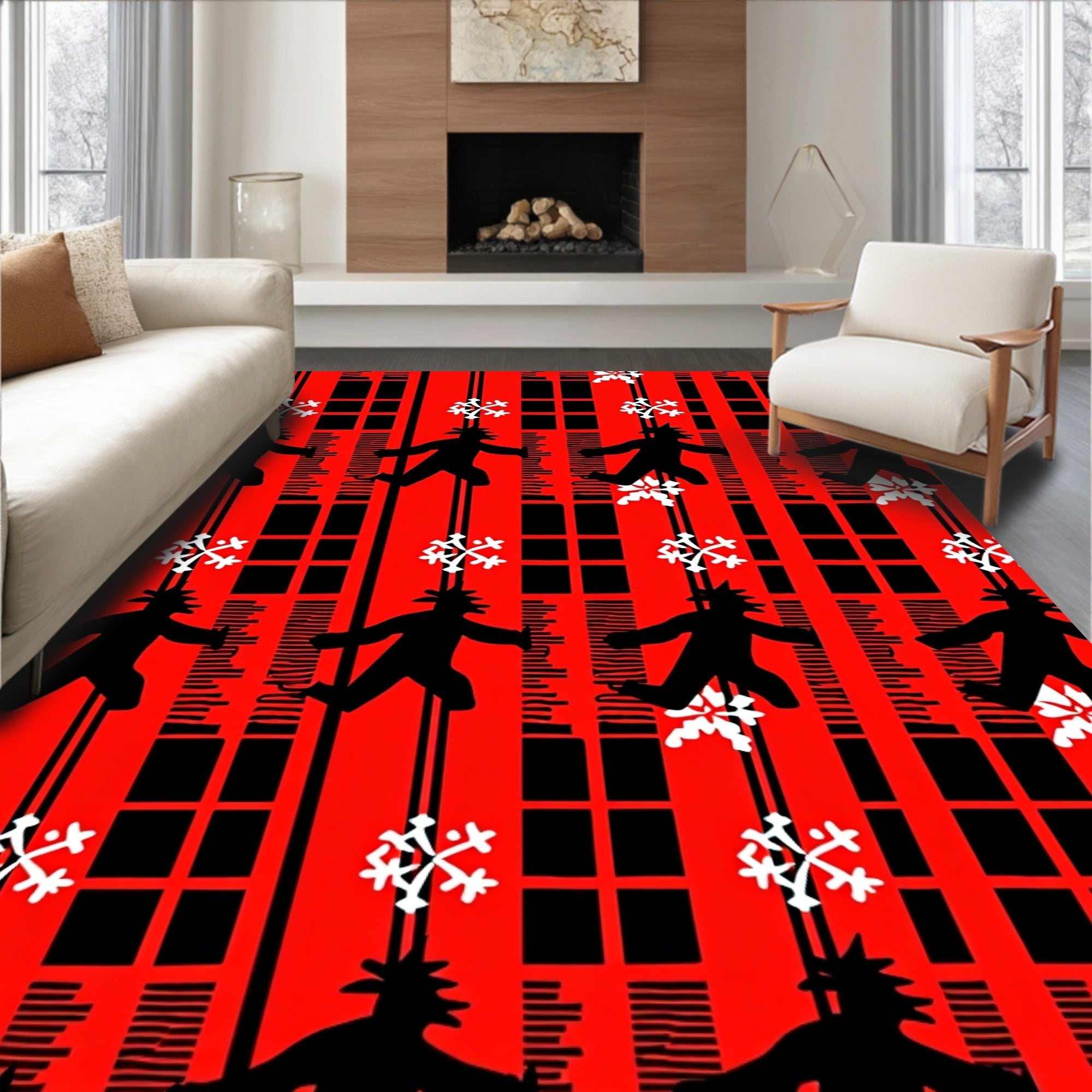 Bold Black Crimson Figure Snowflakes Rug