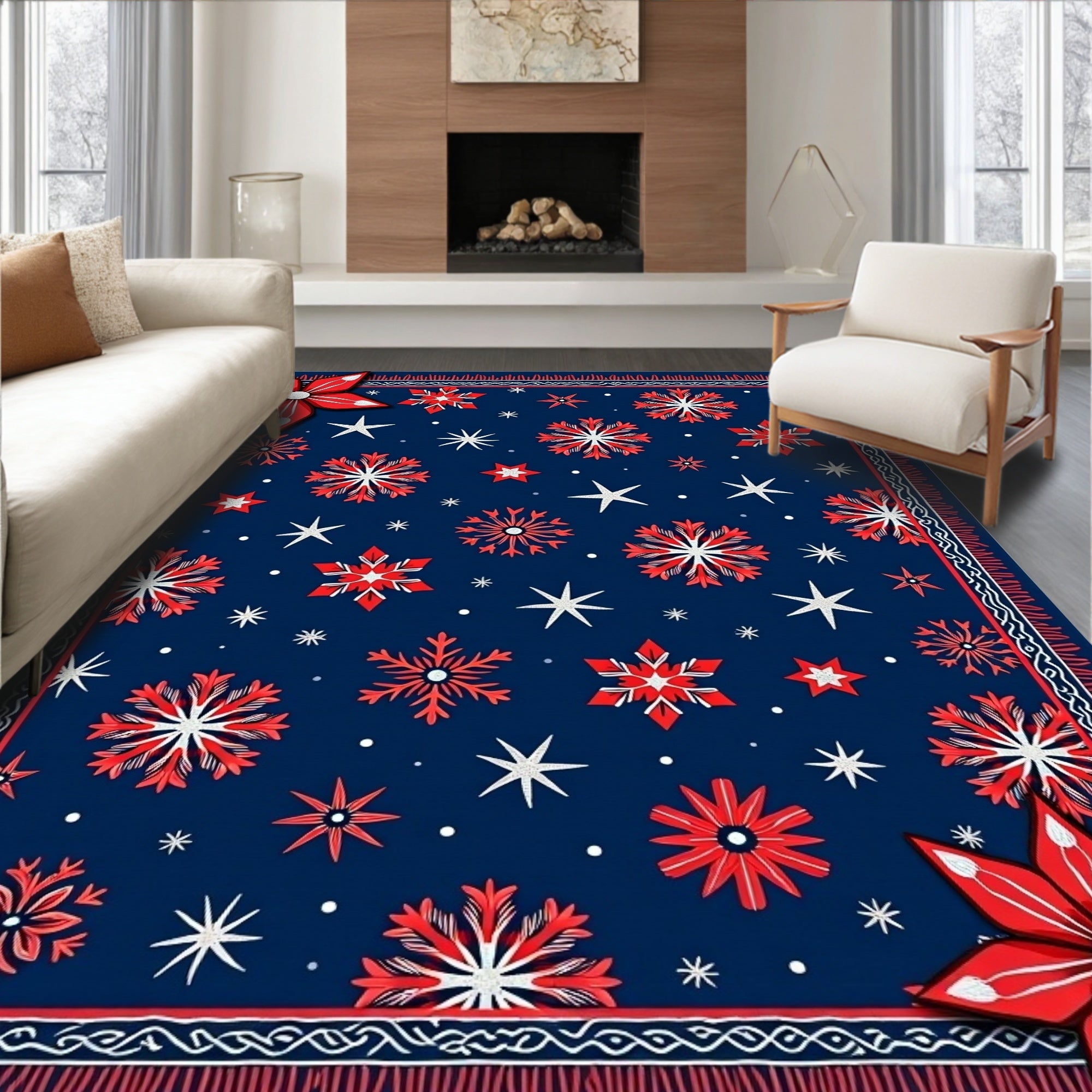 Crimson Snowflake Navy Blue Textile Rug