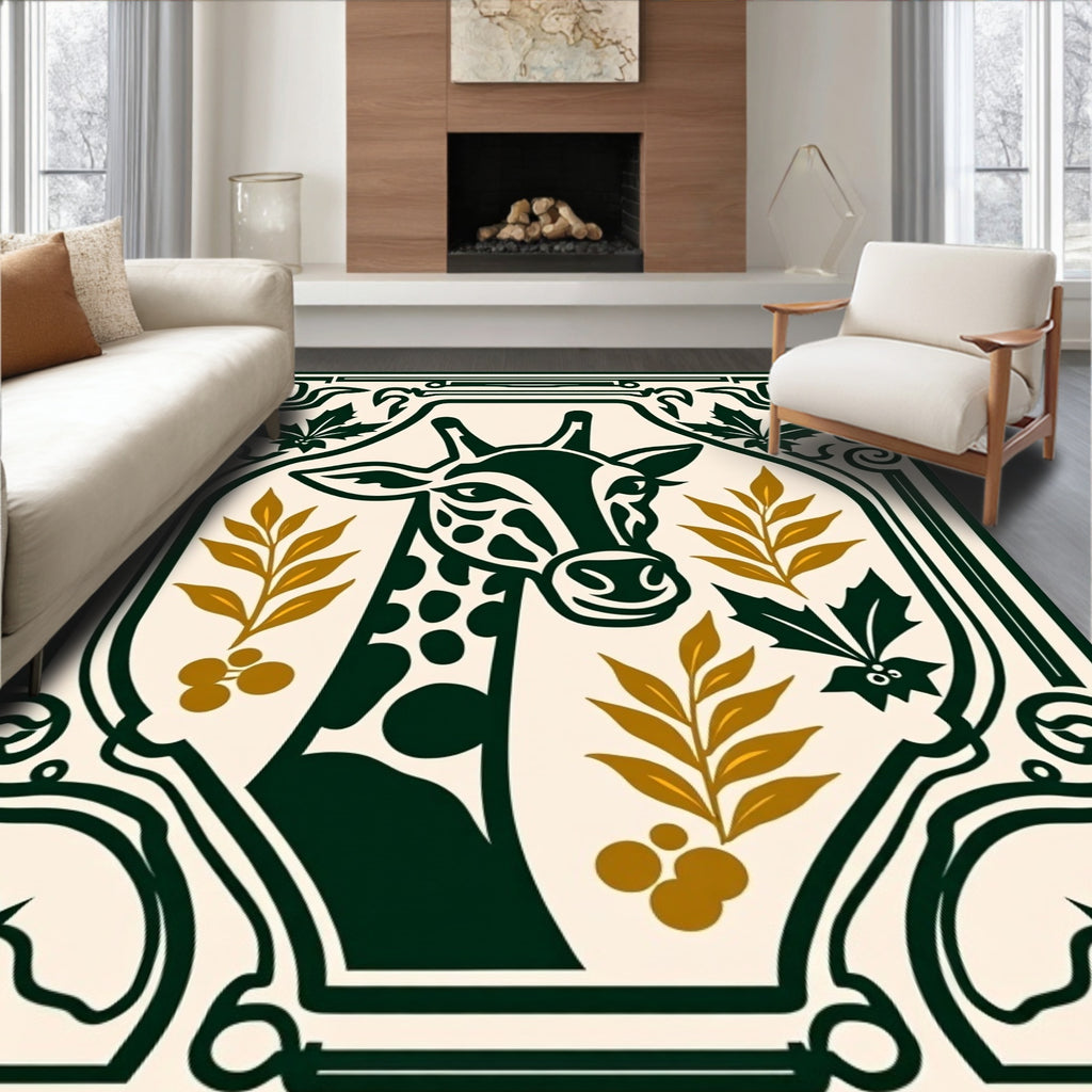Dark Green Giraffe Botanical Art Nouveau Rug