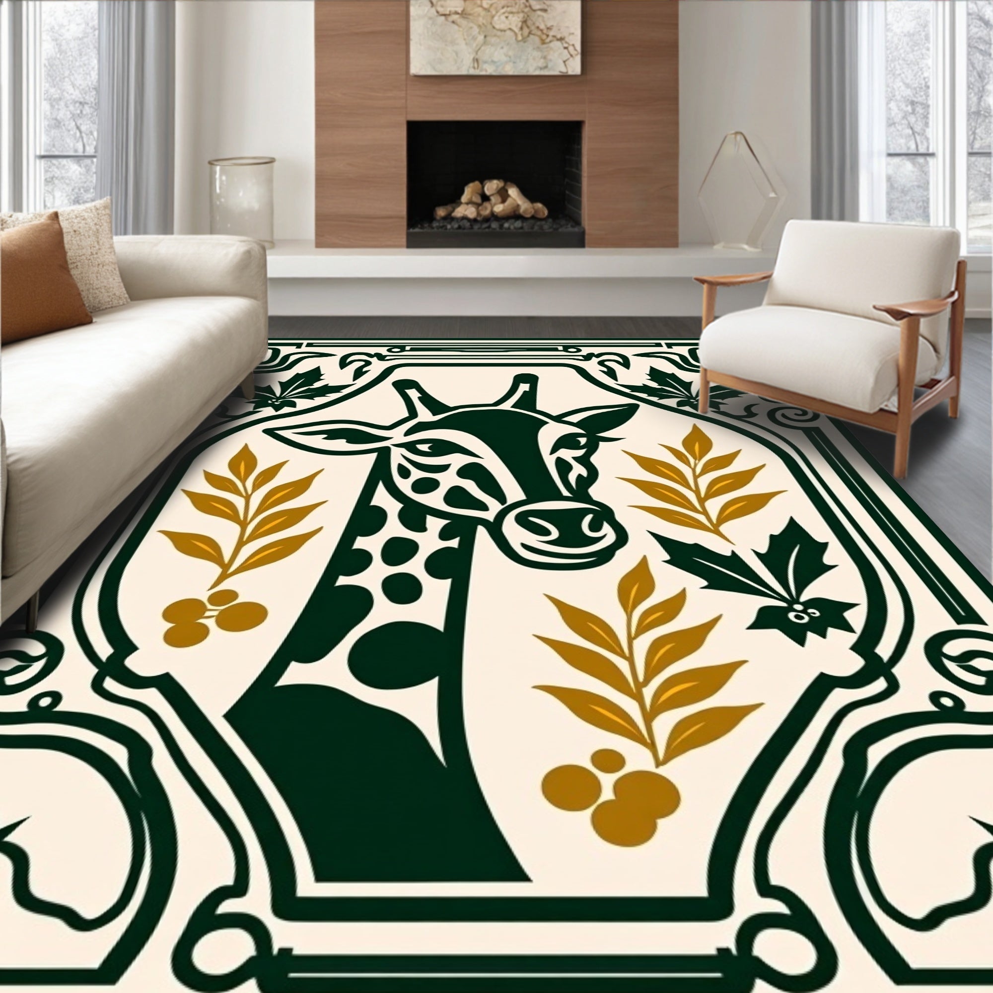 Dark Green Giraffe Botanical Art Nouveau Rug