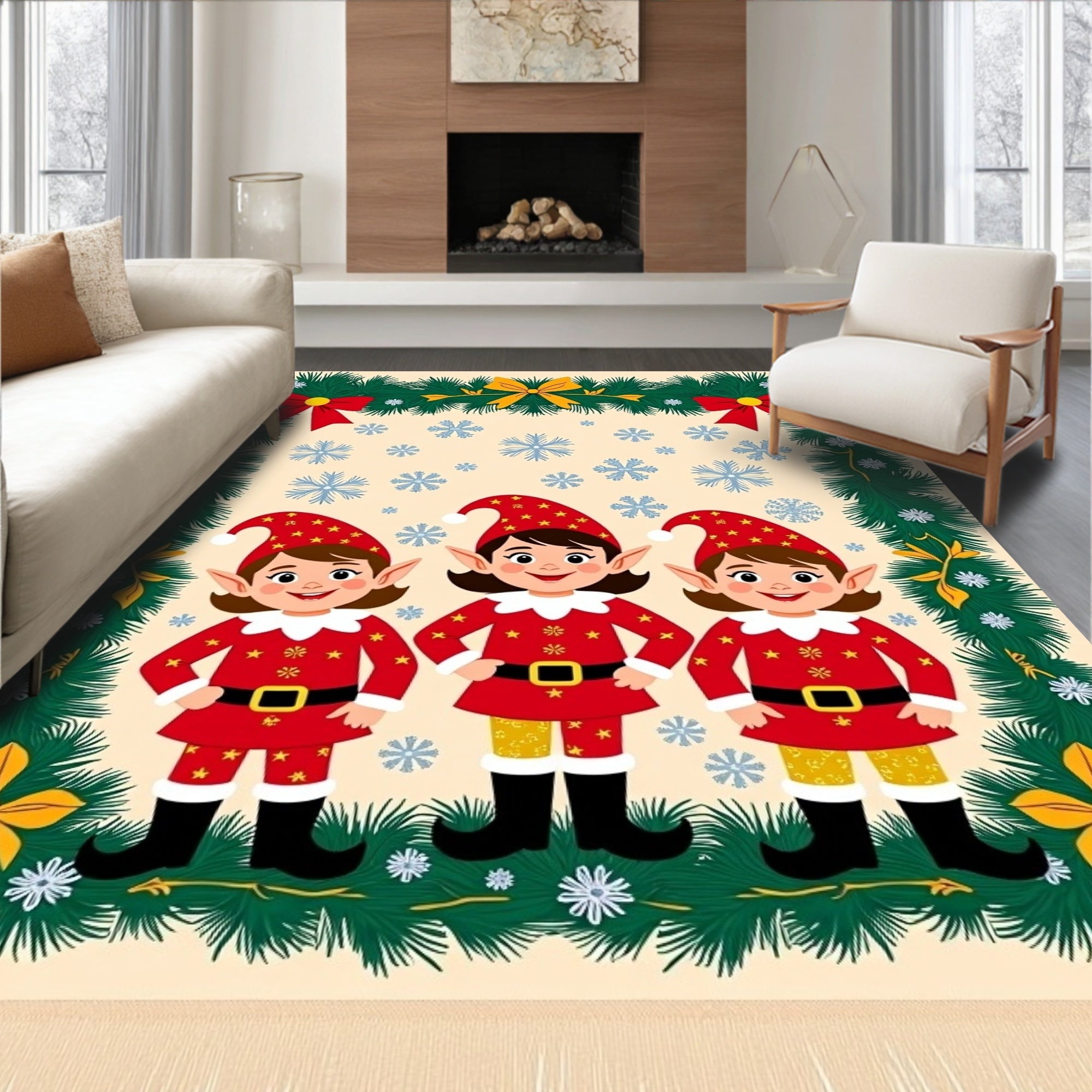Festive Red Elves Snowfall Garland Rug