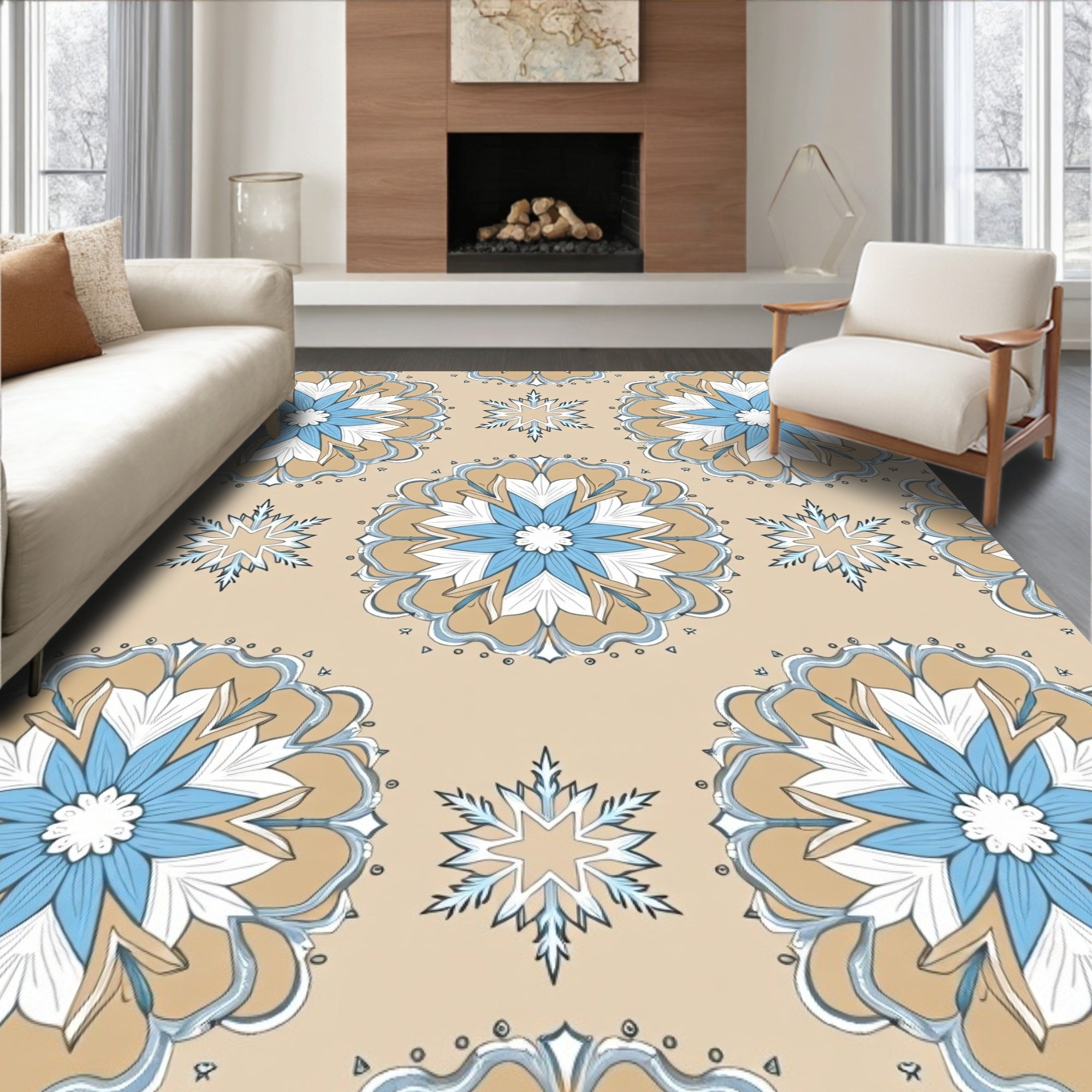Coastal Blue Floral Starburst Mandala Rug