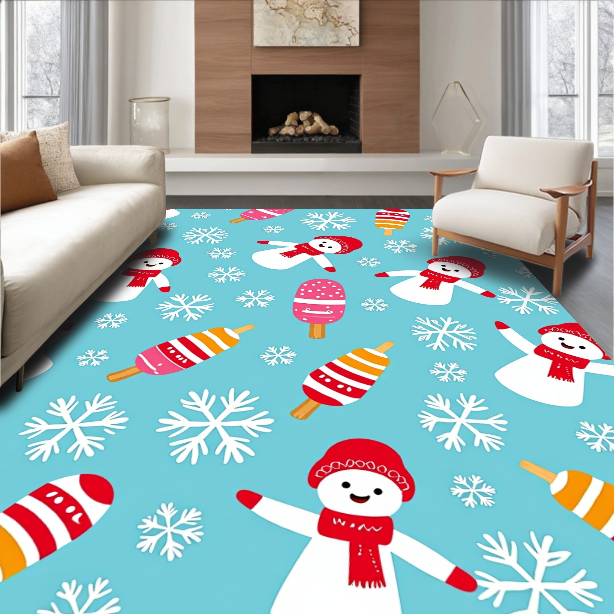 Whimsical Snowman Ice Pop Snowflakes Rug