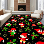 Festive Christmas Elves Poinsettia Black Rug